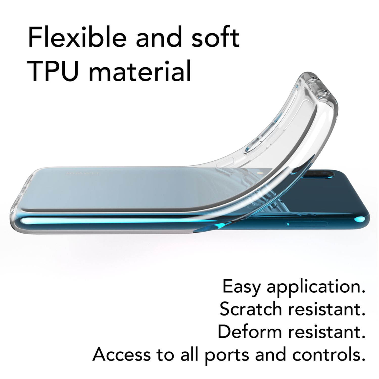 Transparente Handyhülle. Telefon befindet sich teilweise in der Hülle. Die Hülle ist aus flexiblem und weichem TPU-Material.