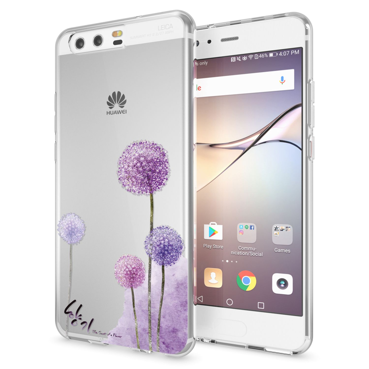 Weißes Telefon in einer durchsichtigen Hülle mit lila Blumendesign auf der Rückseite. Der Bildschirm ist sichtbar.