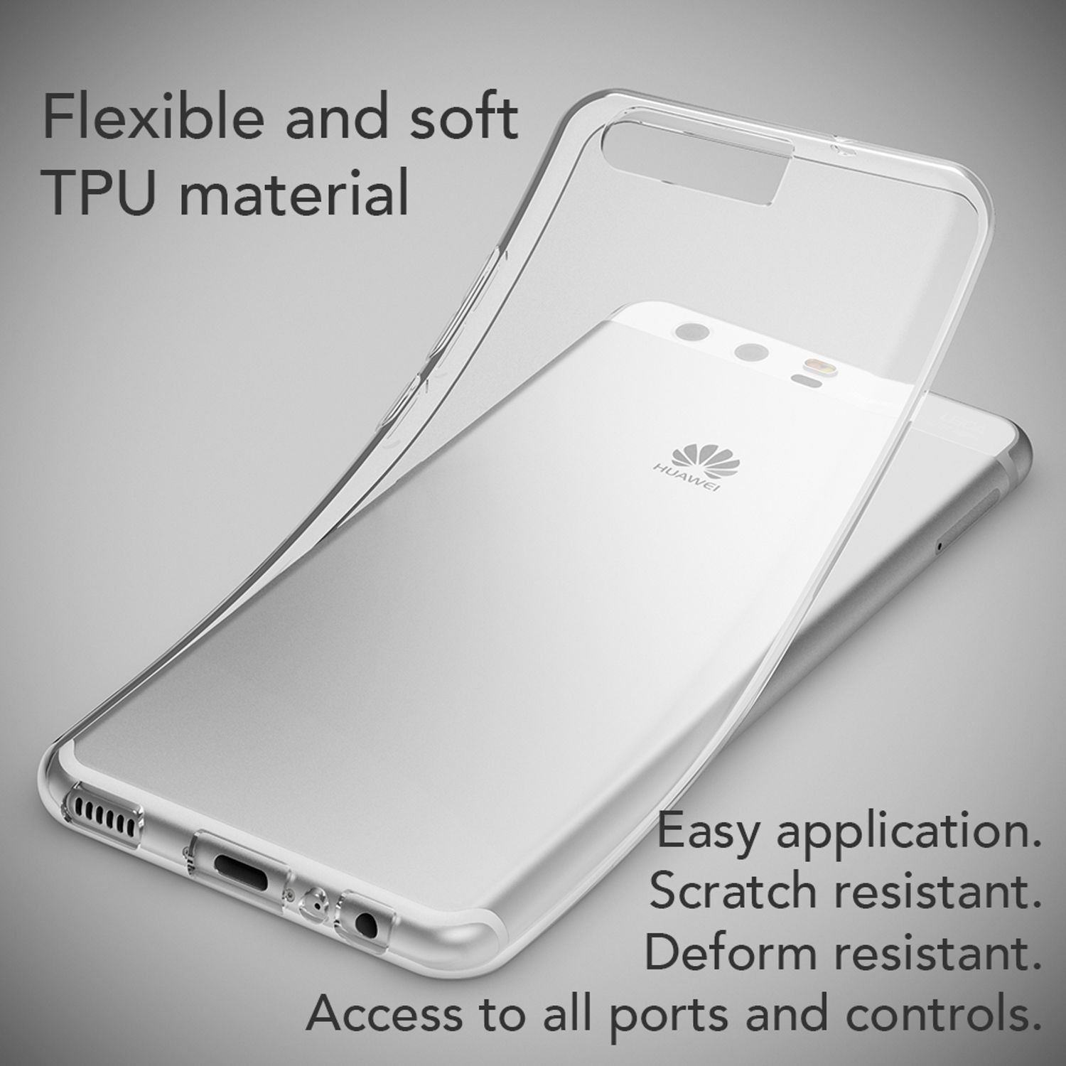 Transparente Handyhülle über einem Huawei-Telefon. Text: flexibles TPU-Material und einfacher Zugang zu Anschlüssen.