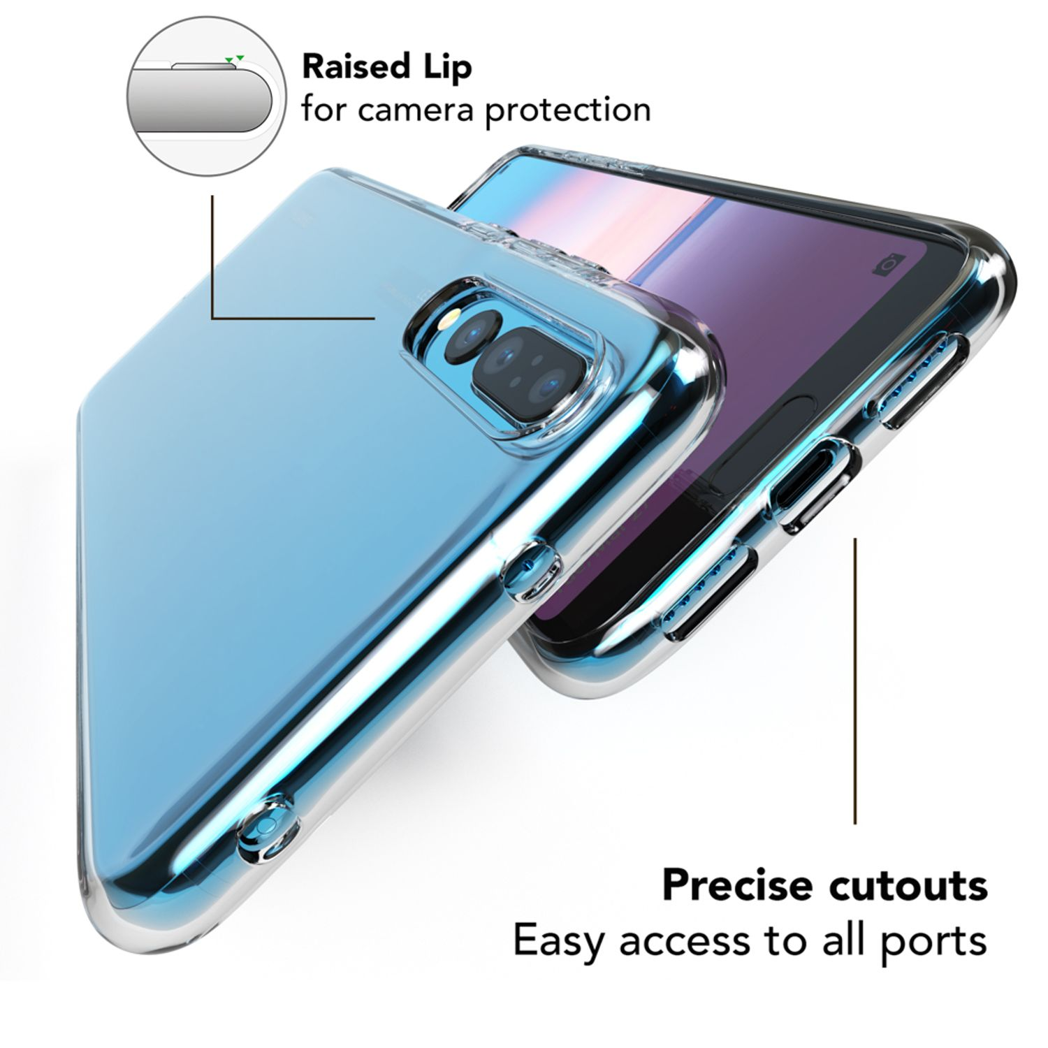 Eine transparente Handyhülle auf einem Telefon. Text: Erhöhter Rand zum Schutz der Kamera, präzise Aussparungen.