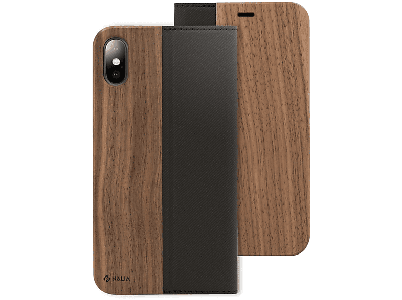 NALIA Echt Holz Flipcase, iPhone Cover, Braun X XS, iPhone Flip Apple