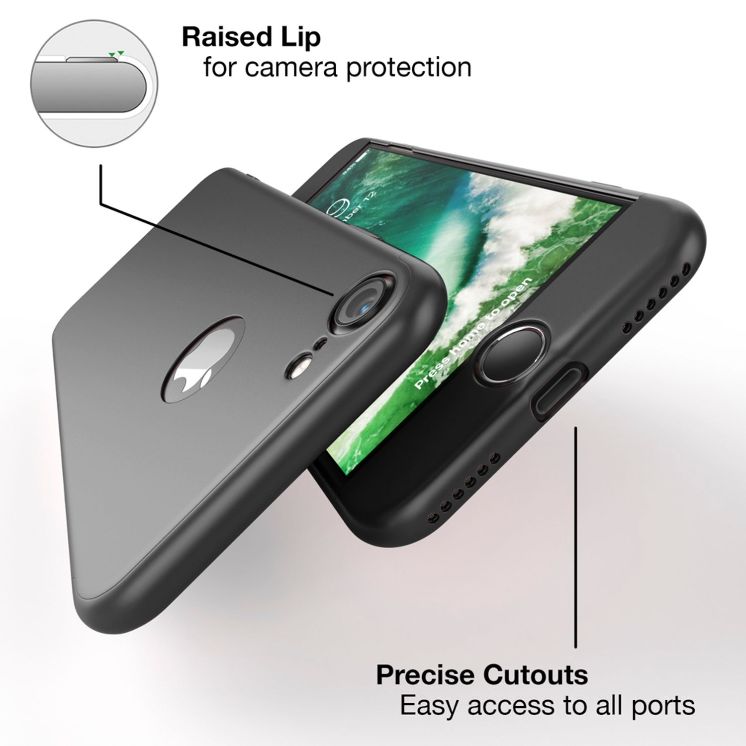 Eine schwarze Handyhülle mit einem Telefon darin. Text: Erhöhte Lippe für Kameraschutz und präzise Aussparungen.