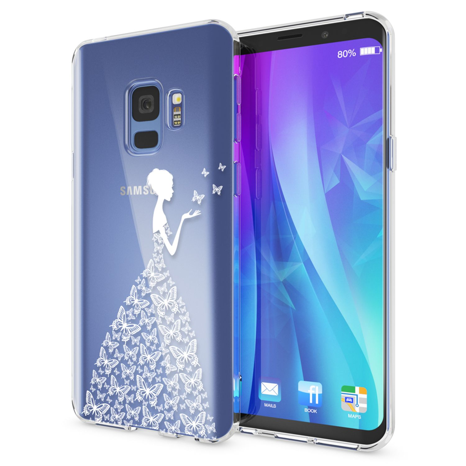 Handyhülle mit Frauensilhouette und Schmetterlingsdesign, die einen Telefonbildschirm zeigt.