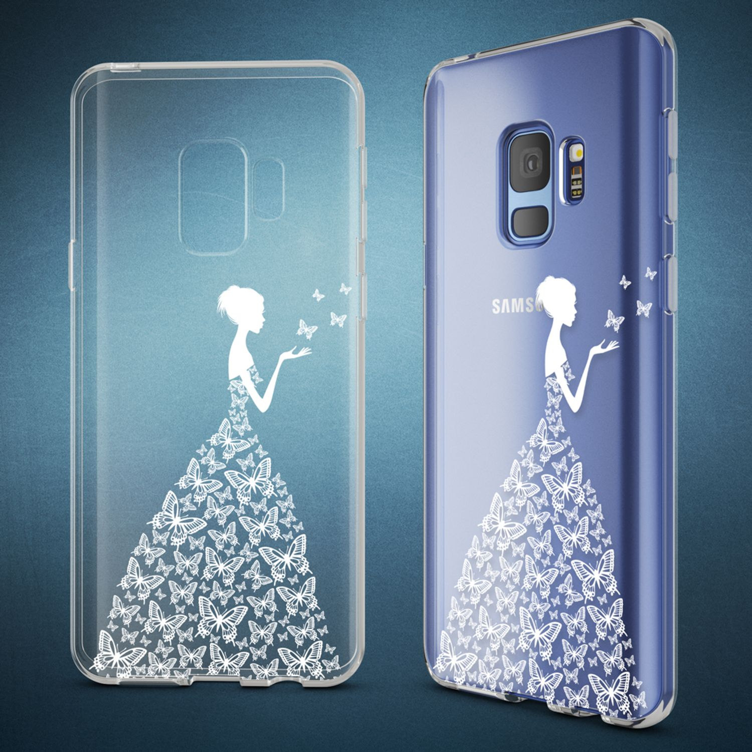 Zwei Handyhüllen mit Schmetterlingsdesign. Die Hülle links ist transparent. Die rechts ist auf einem Telefon.