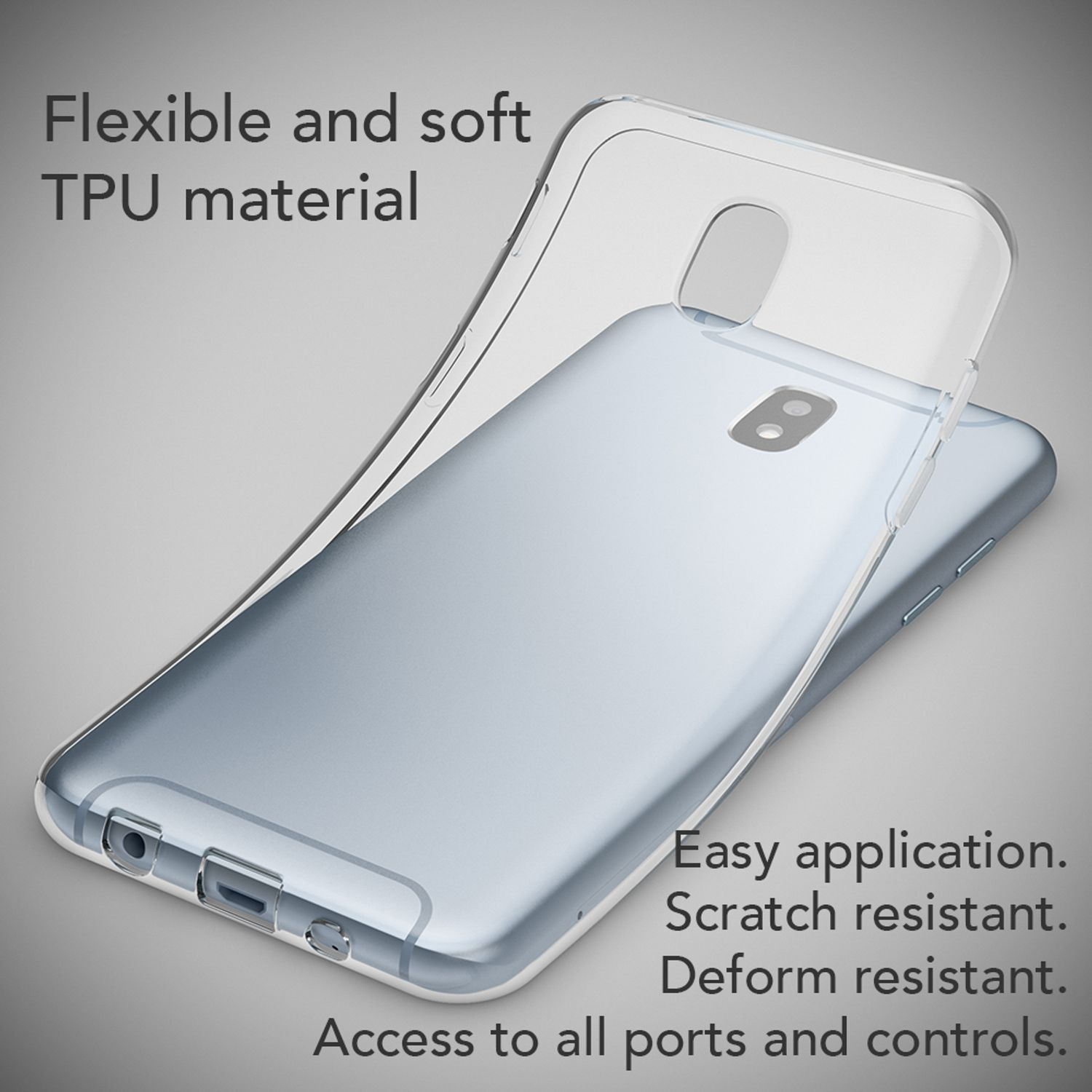 Eine transparente Handyhülle über einem Telefon. Text beschreibt die Hülle als flexibles und weiches TPU-Material.