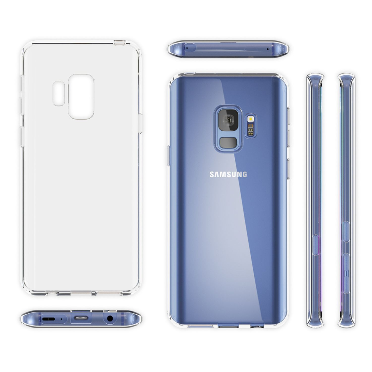 Transparente Handyhülle mit blauem Telefon. Bilder zeigen Vorder-, Rück- und Seitenansichten.