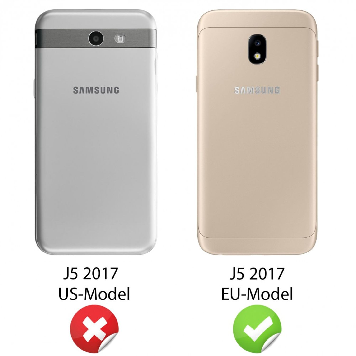 Zwei Telefone: silbernes Samsung J5 2017 US-Modell und goldenes Samsung J5 2017 EU-Modell. Rote X- und grüne Häkchen-Aufkleber.