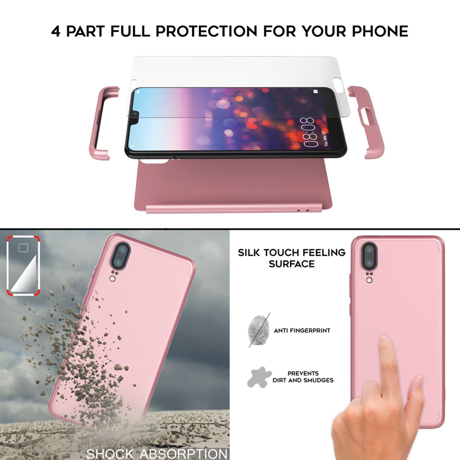 Rosa Handyhülle mit verschiedenen Schutzfunktionen. Ein Telefon wird angezeigt.