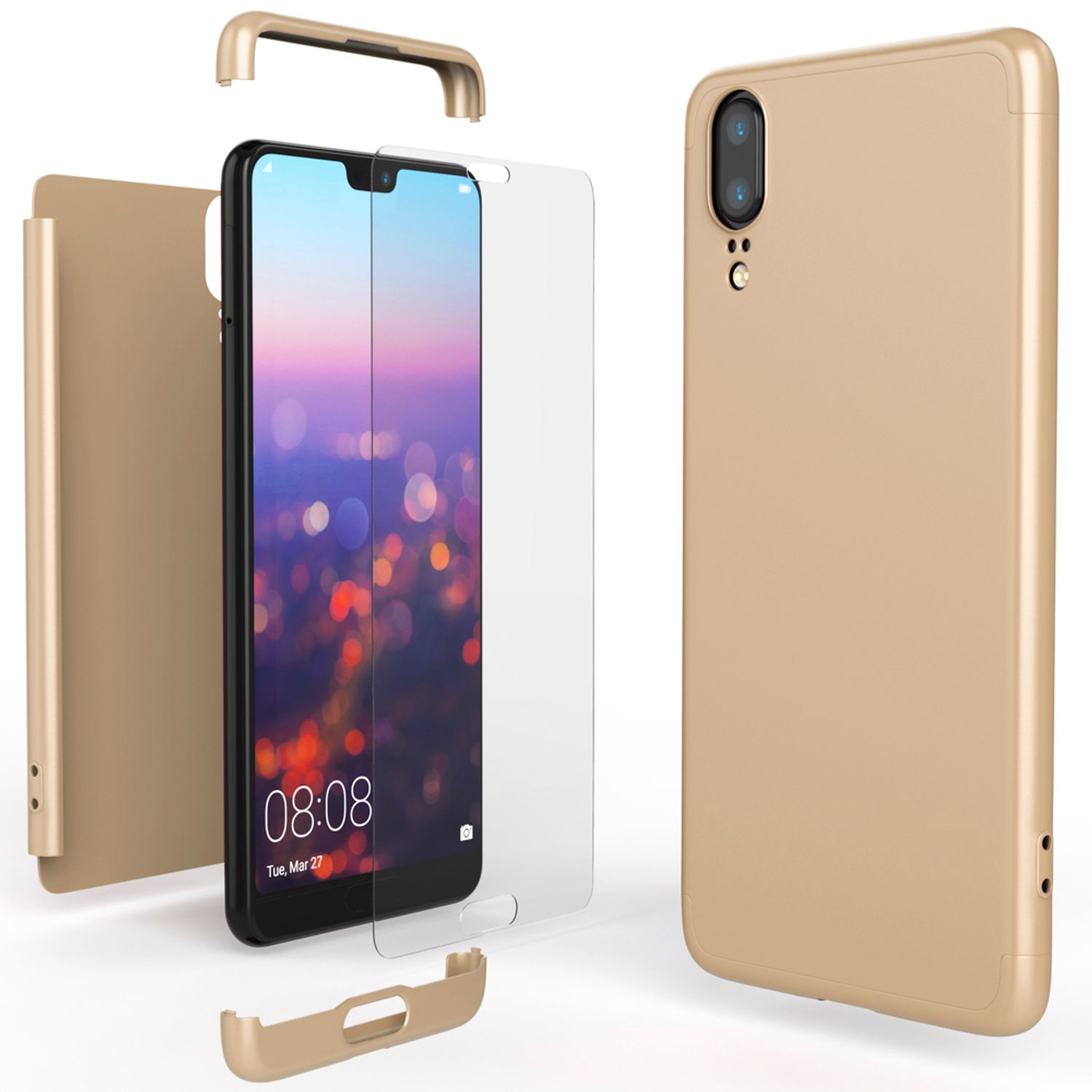 Goldenes Telefon mit Gehäuseteilen. Displayschutz sichtbar. Weißer Hintergrund.