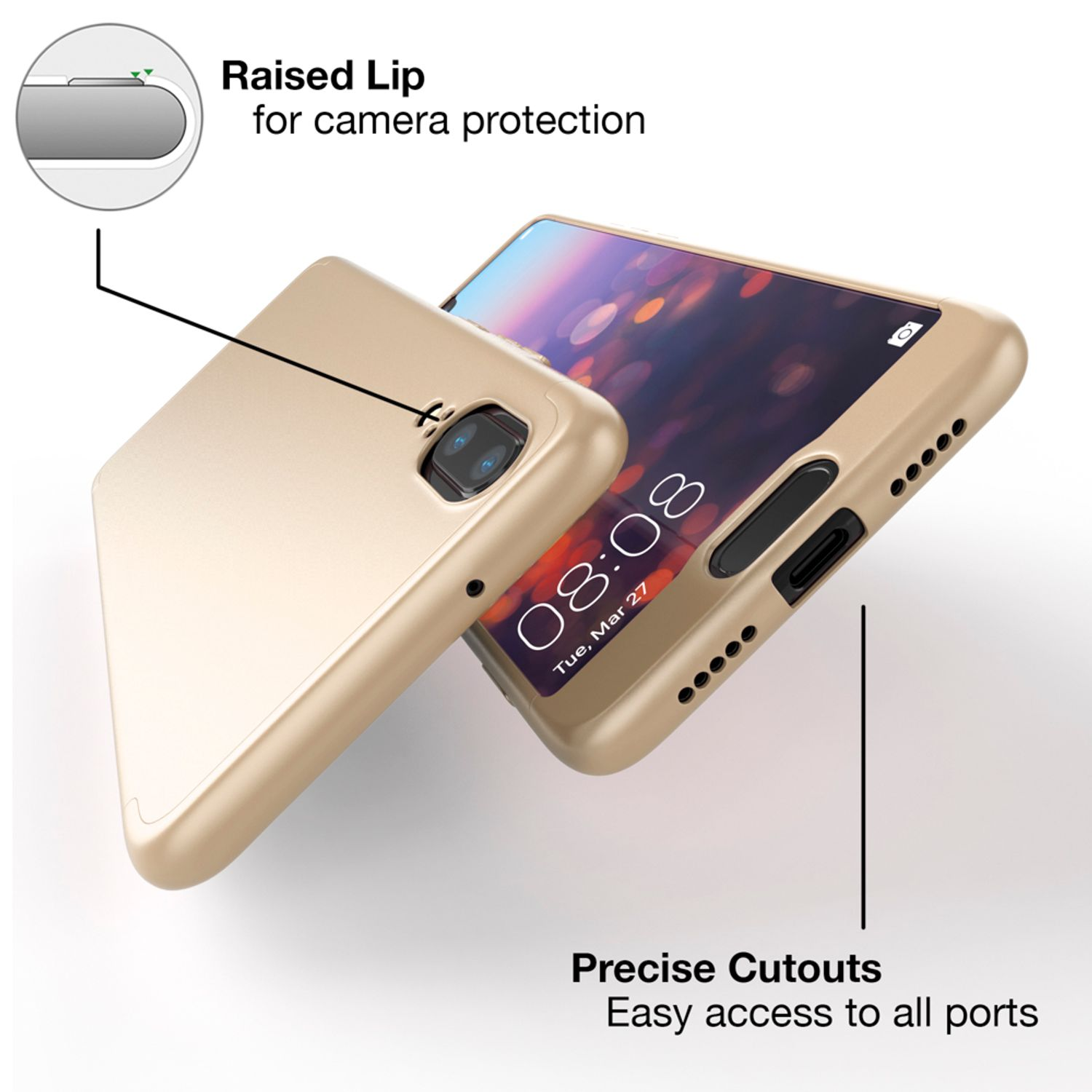 Eine goldene Handyhülle mit einem Telefon darin. Die Hülle hat einen erhöhten Rand zum Schutz der Kamera und leicht zugängliche Anschlüsse.