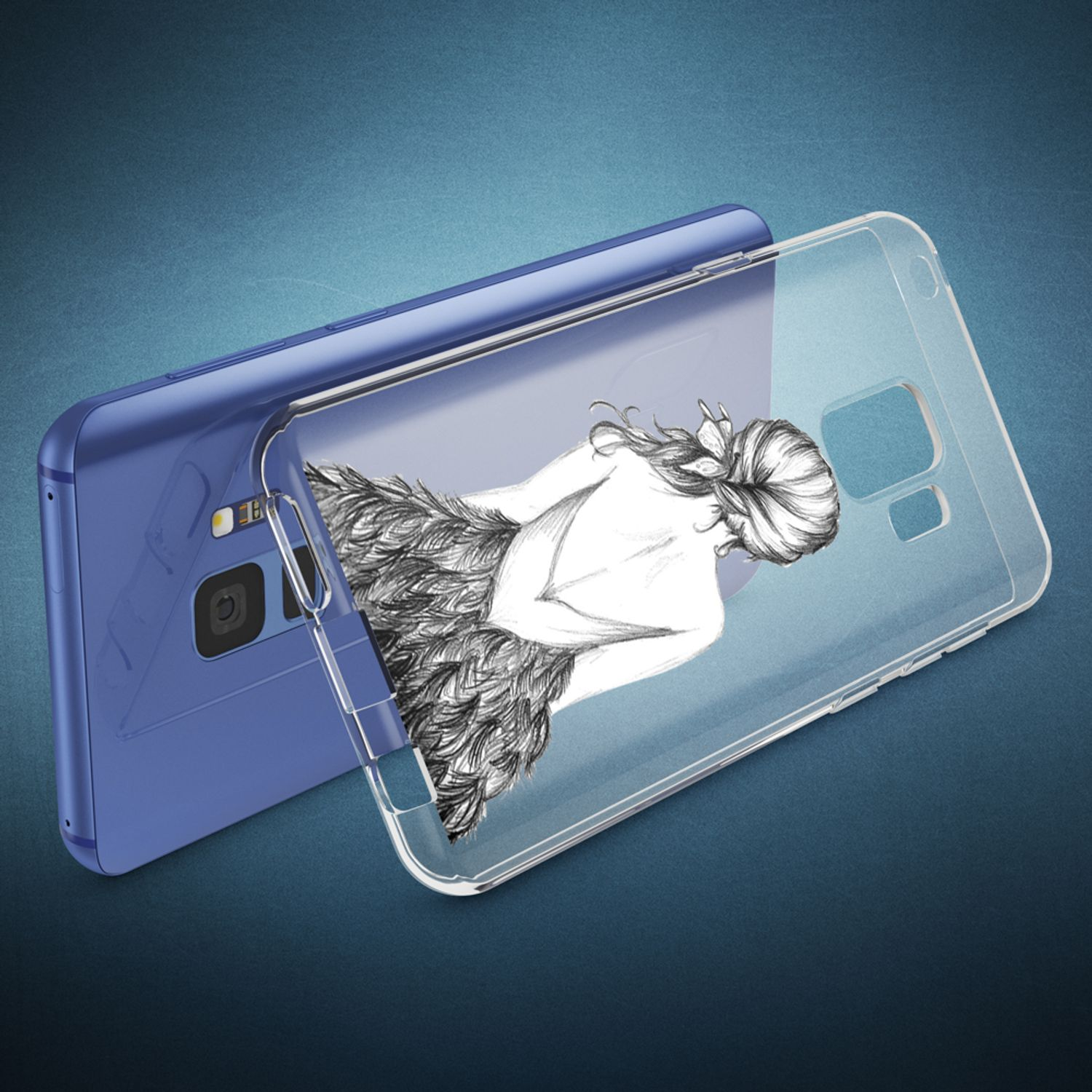 Blaues Telefon mit transparenter Hülle, mit einer Zeichnung des Rückens einer Frau, auf blauem Gradienten.