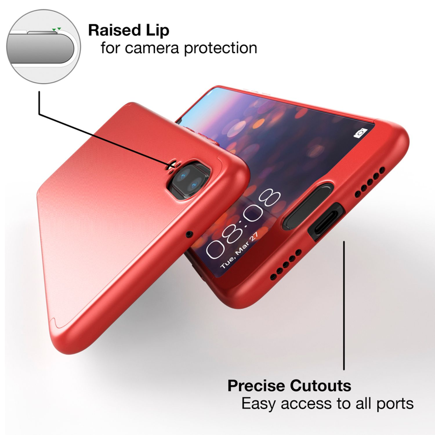Telefon mit roter Hülle. Text zeigt 'Raised Lip' und 'Precise Cutouts'. Kamera ist sichtbar.