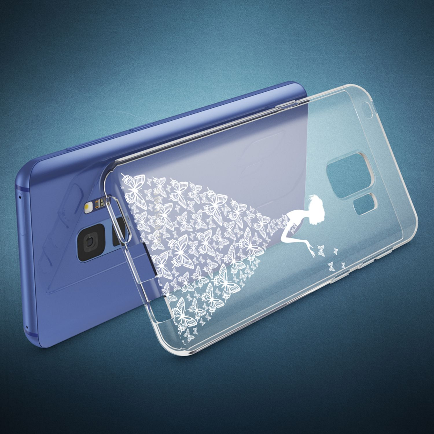 Blaues Telefon mit einer transparenten Hülle, verziert mit einer weißen Silhouetten-Design von Kleid und Schmetterlingen.