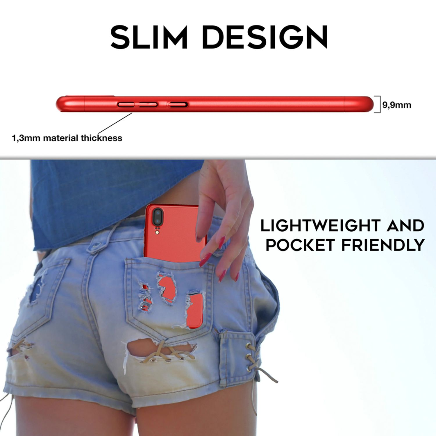 Rote Handyhülle in einer Tasche, mit Seitenansicht des Telefons. Text: 'Slim Design', 'Lightweight and pocket friendly'.
