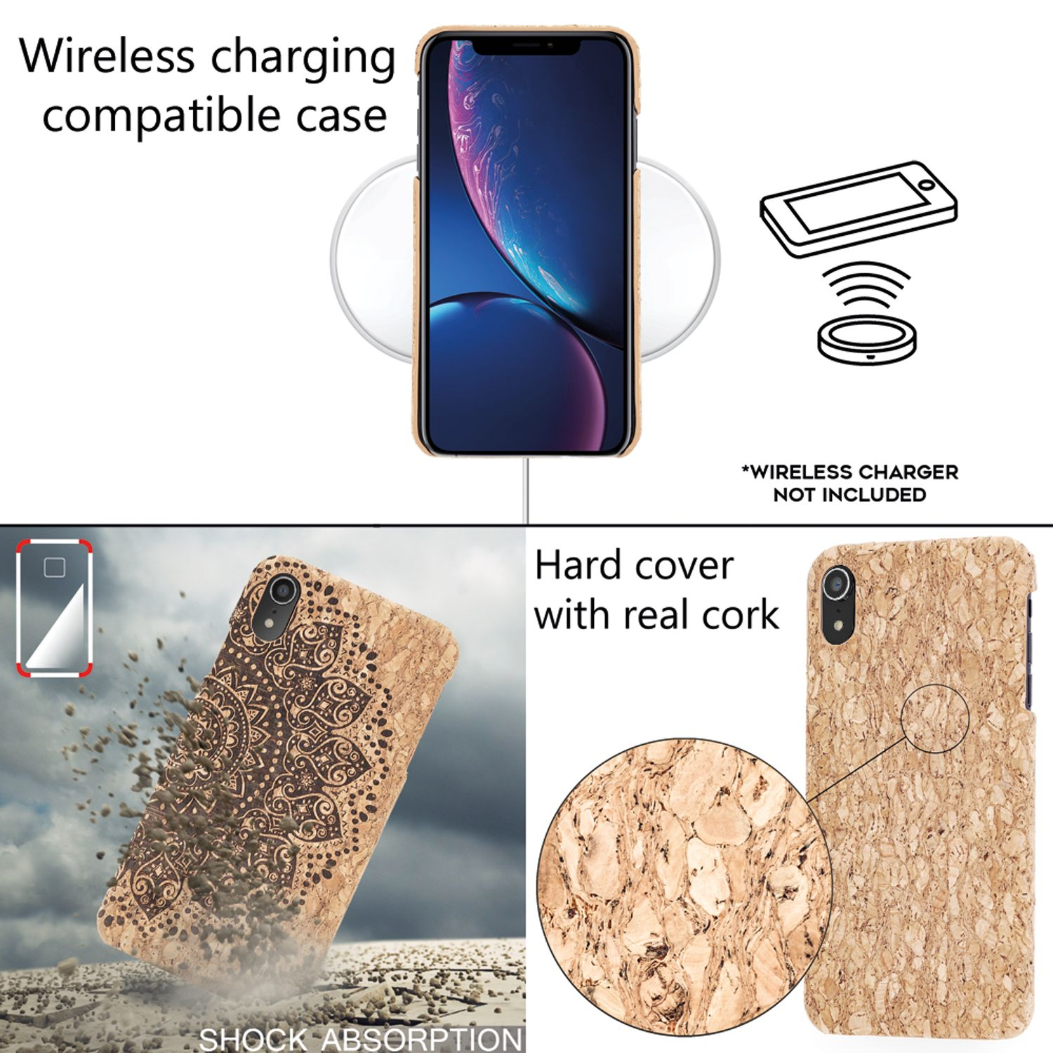 Ein Telefon in einer Holzschutzhülle neben einem kabellosen Ladegerät. Die Hülle besteht aus echtem Kork.