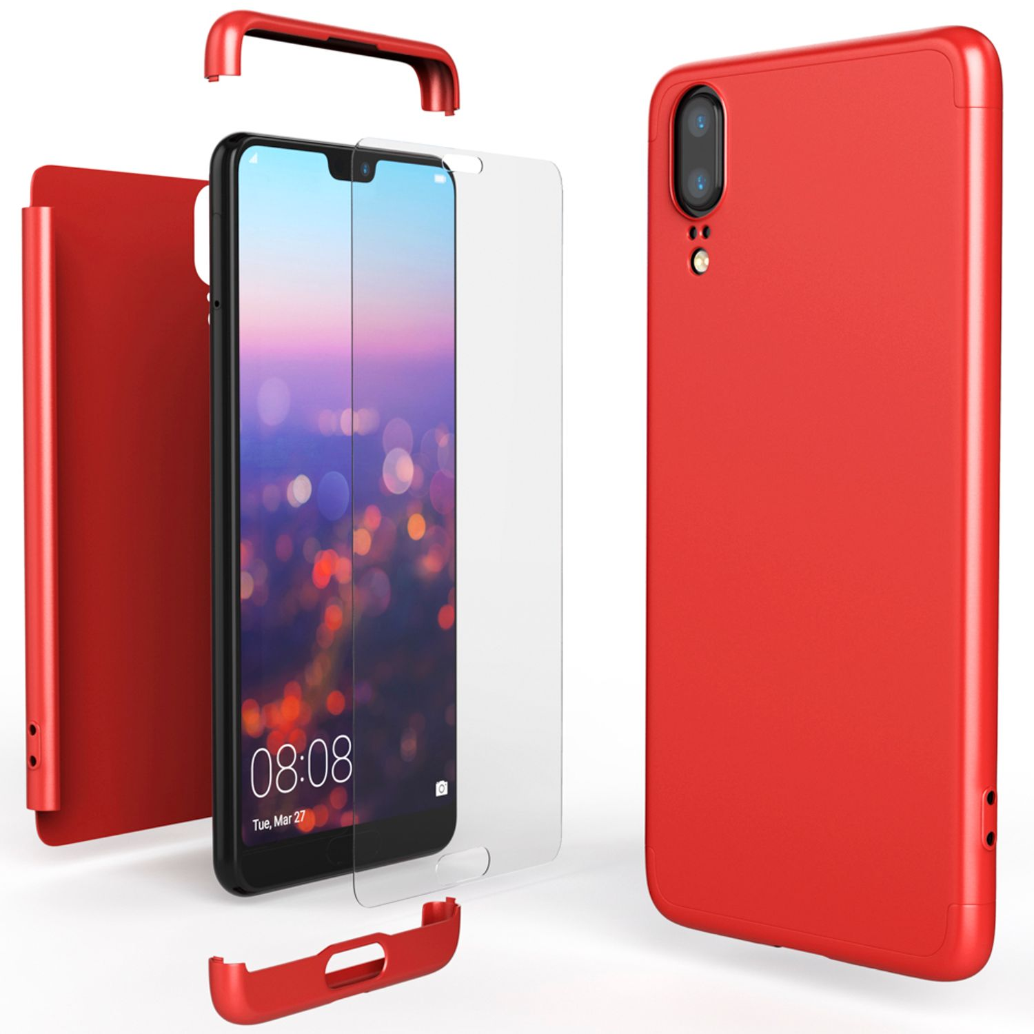 Ein rotes Telefon mit einem zerlegten roten Gehäuse, mit einem Displayschutz.