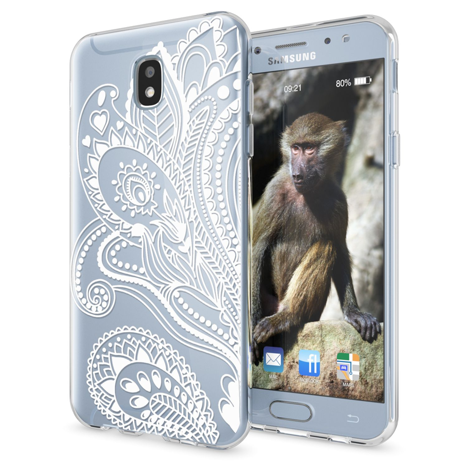 Telefonhülle mit weißem Blumendesign über Blau und ein Telefon mit einem Affenbild.