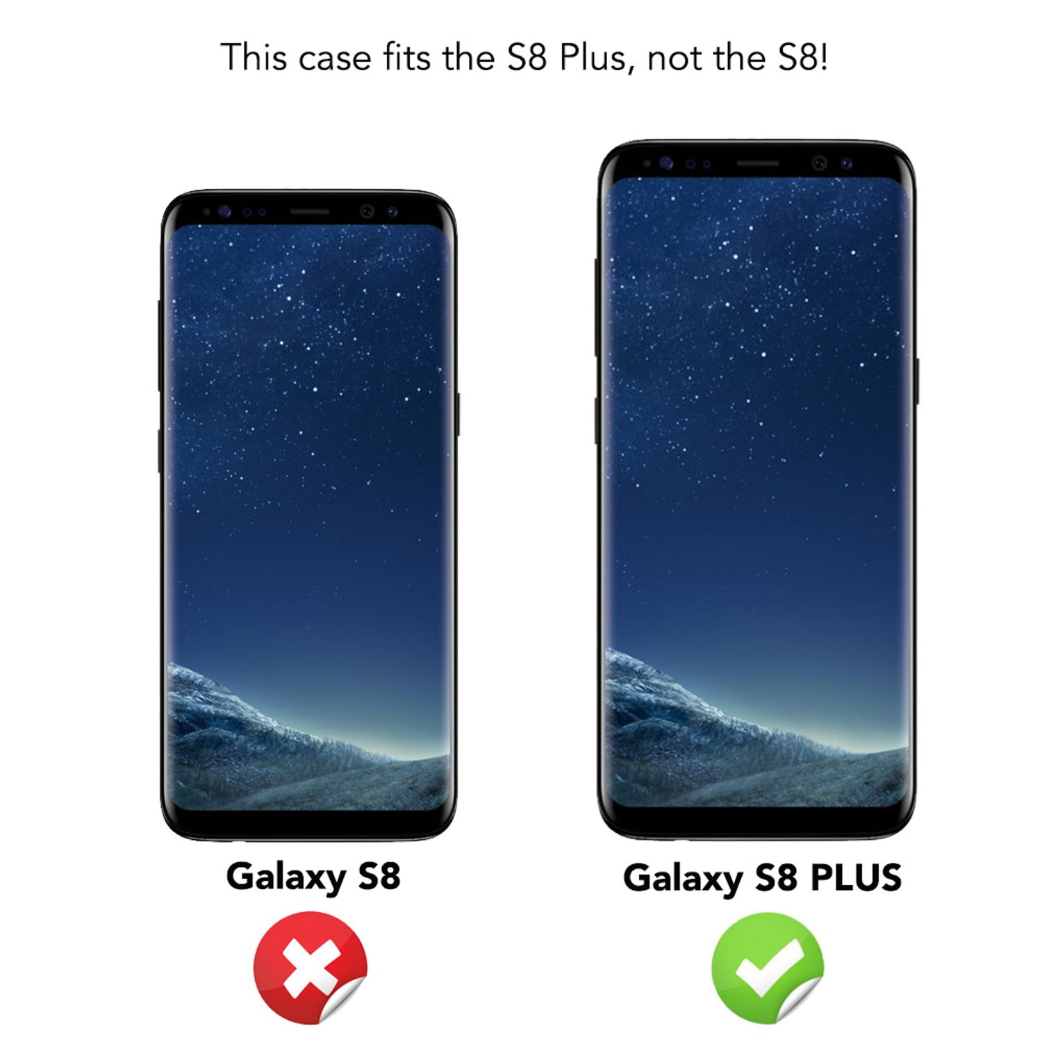 Zwei Telefone, eines mit Hülle. Der Text gibt an, dass die Hülle für das S8 Plus, nicht das S8 passt.