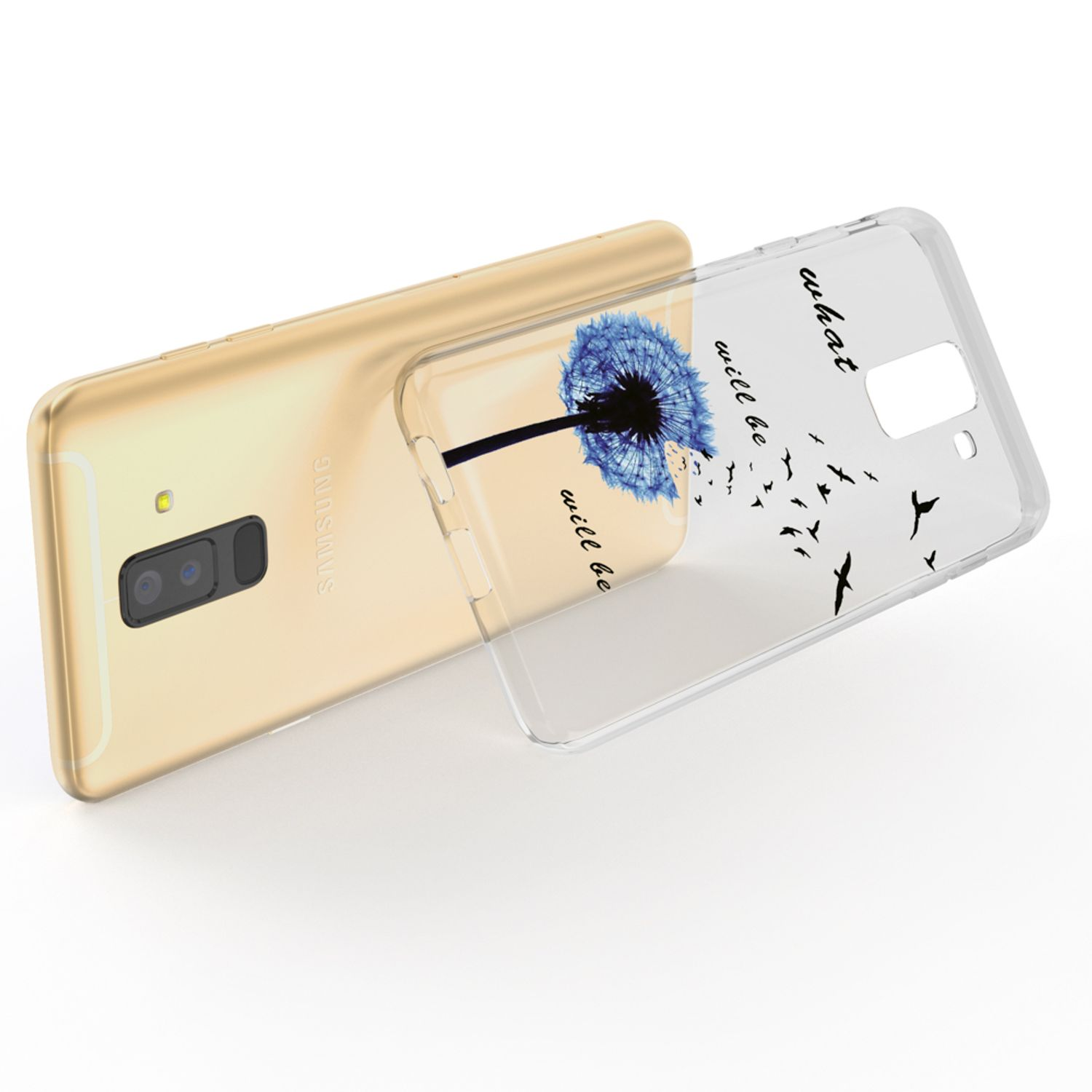 Ein goldenes Telefon und eine transparente Hülle mit einem Pusteblumen-Design. Die Hülle liegt über dem Telefon.