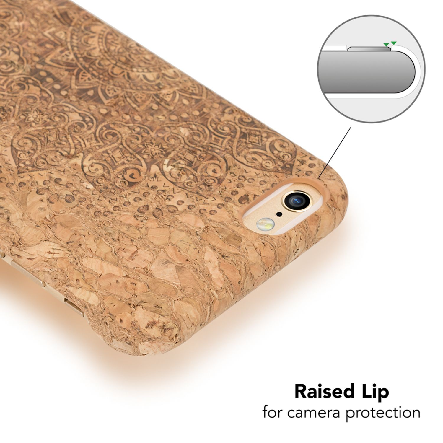 Eine Handyhülle mit Korkmuster. Das Telefon hat eine Kamera und eine erhöhte Lippe.