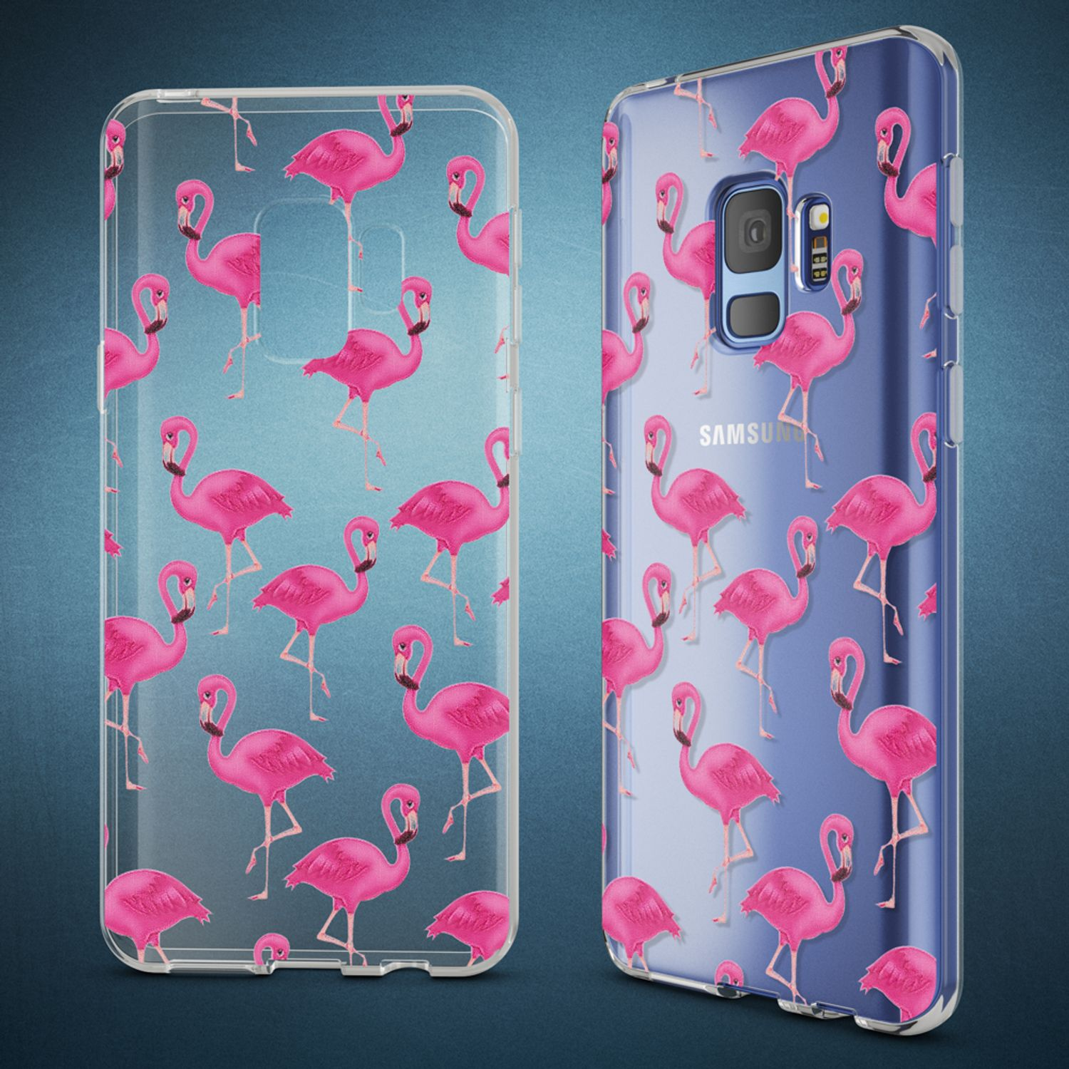 Zwei Handyhüllen mit rosa Flamingo-Mustern, eine innen und eine außen am Telefon.