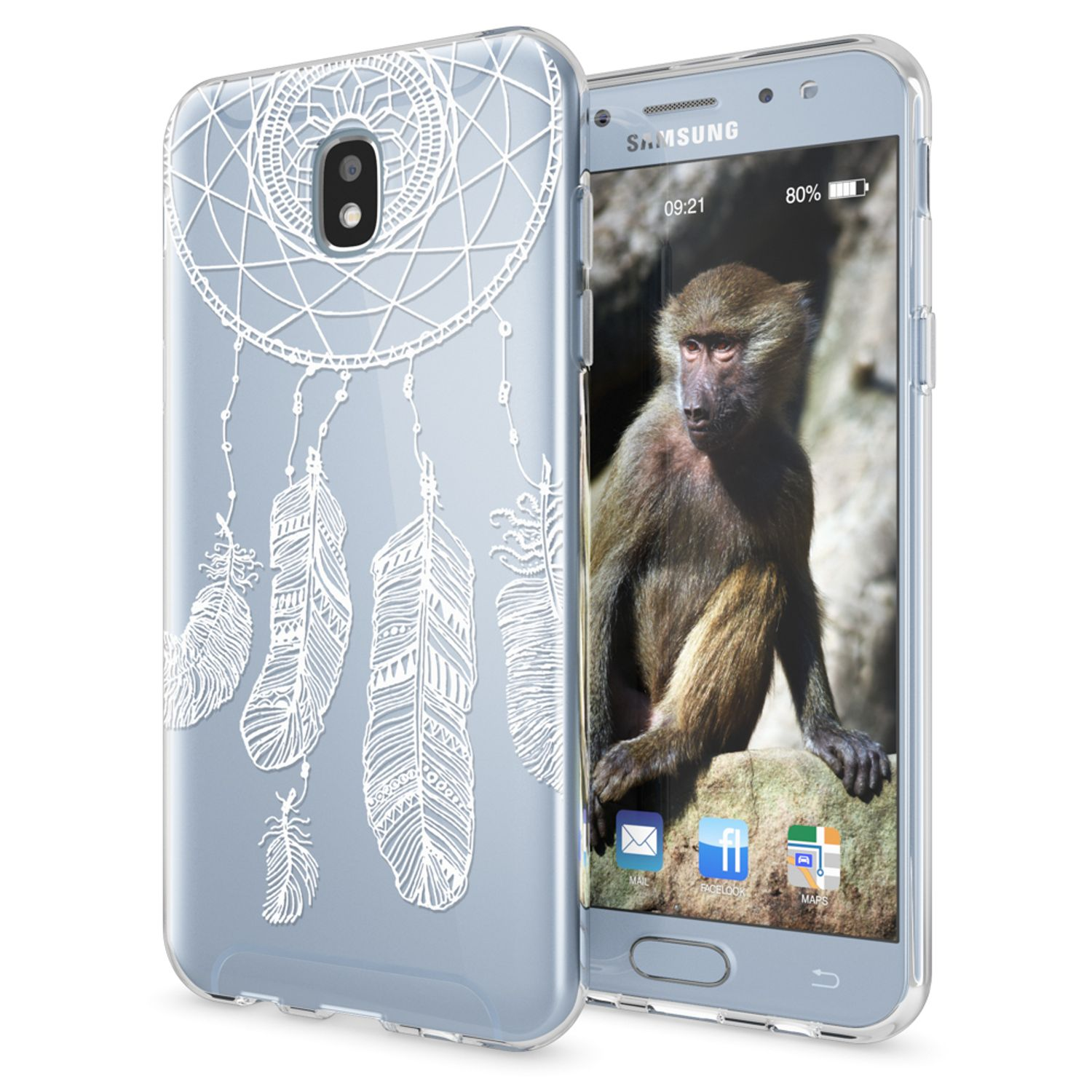 Telefon mit Traumfänger-Hülle. Weißes Telefon. Affe auf dem Bildschirm. Weißer Hintergrund.