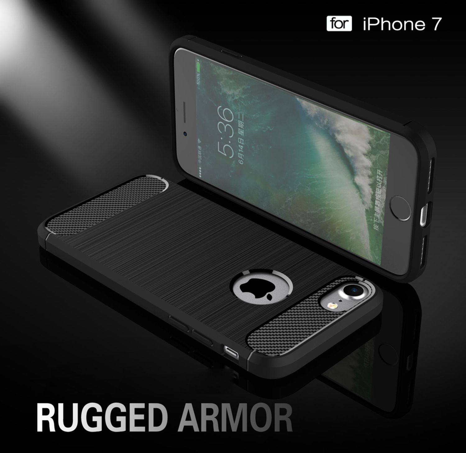 Custodia nera per telefono su superficie nera. Per iPhone 7, etichetta Rugged Armor.