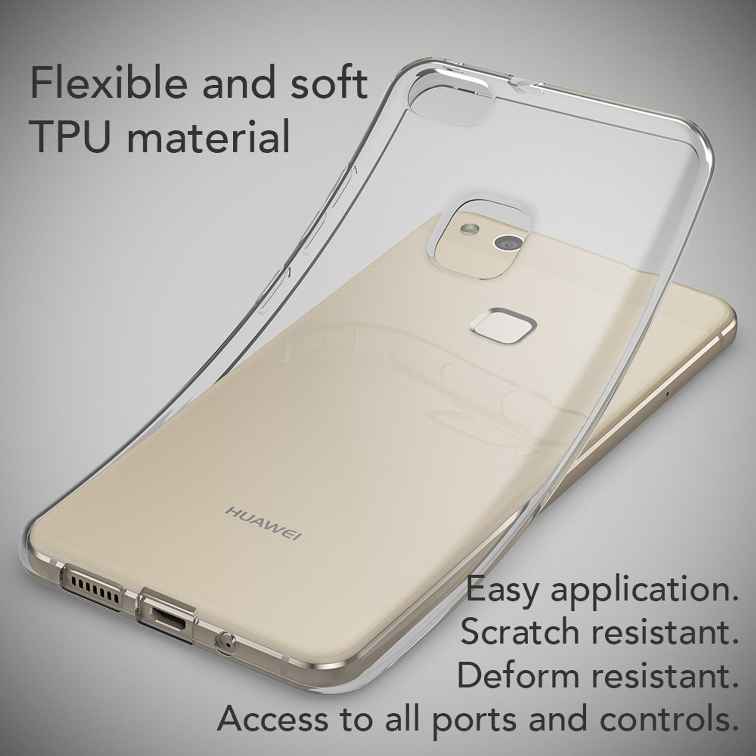 Funda transparente para teléfono sobre un teléfono dorado, con texto sobre funciones.