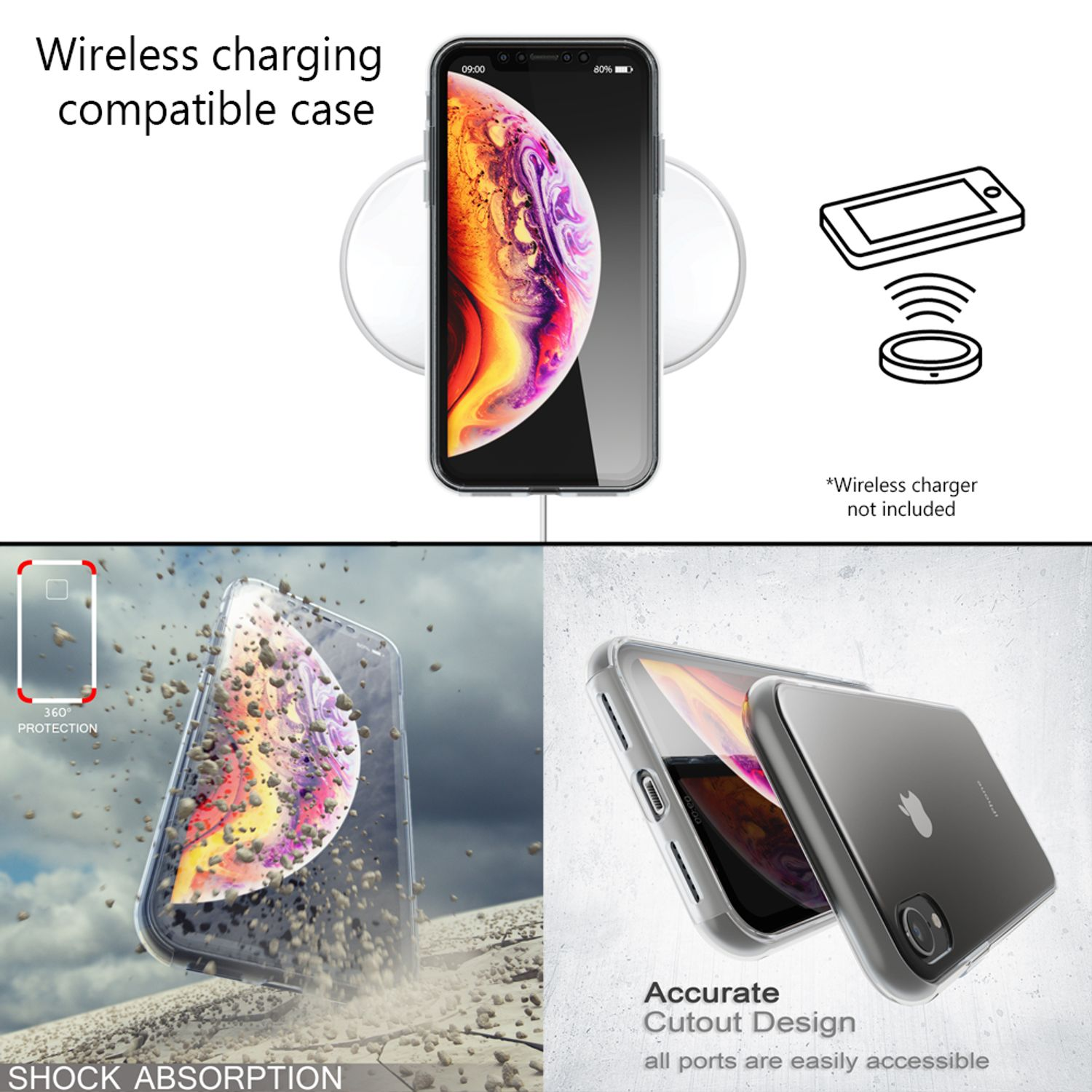 Ein Telefon in einer Hülle auf einem kabellosen Ladegerät. Die Hülle zeigt Stoßdämpfung und präzises Ausschnittdesign.