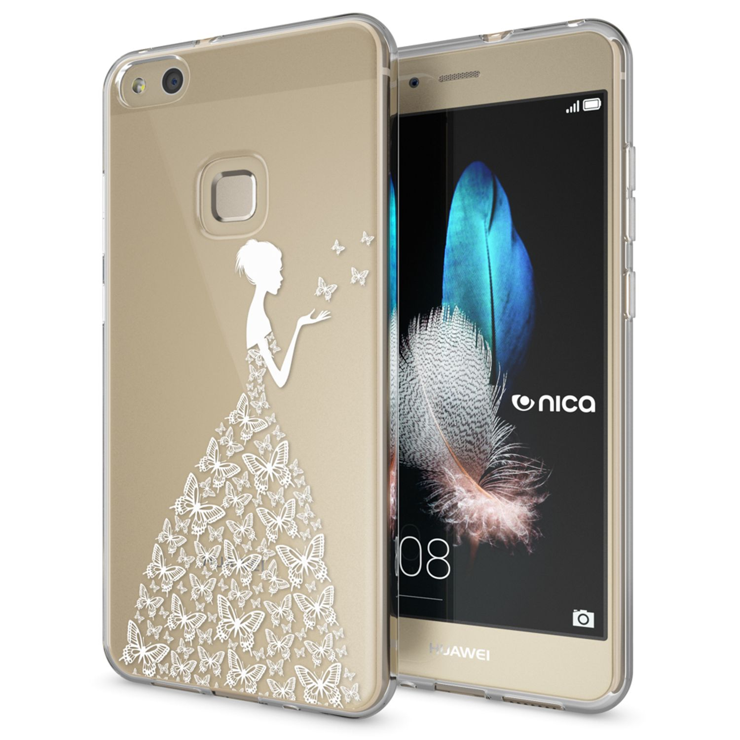Goldenes Telefon in transparenter Hülle mit weißen Schmetterlingen.