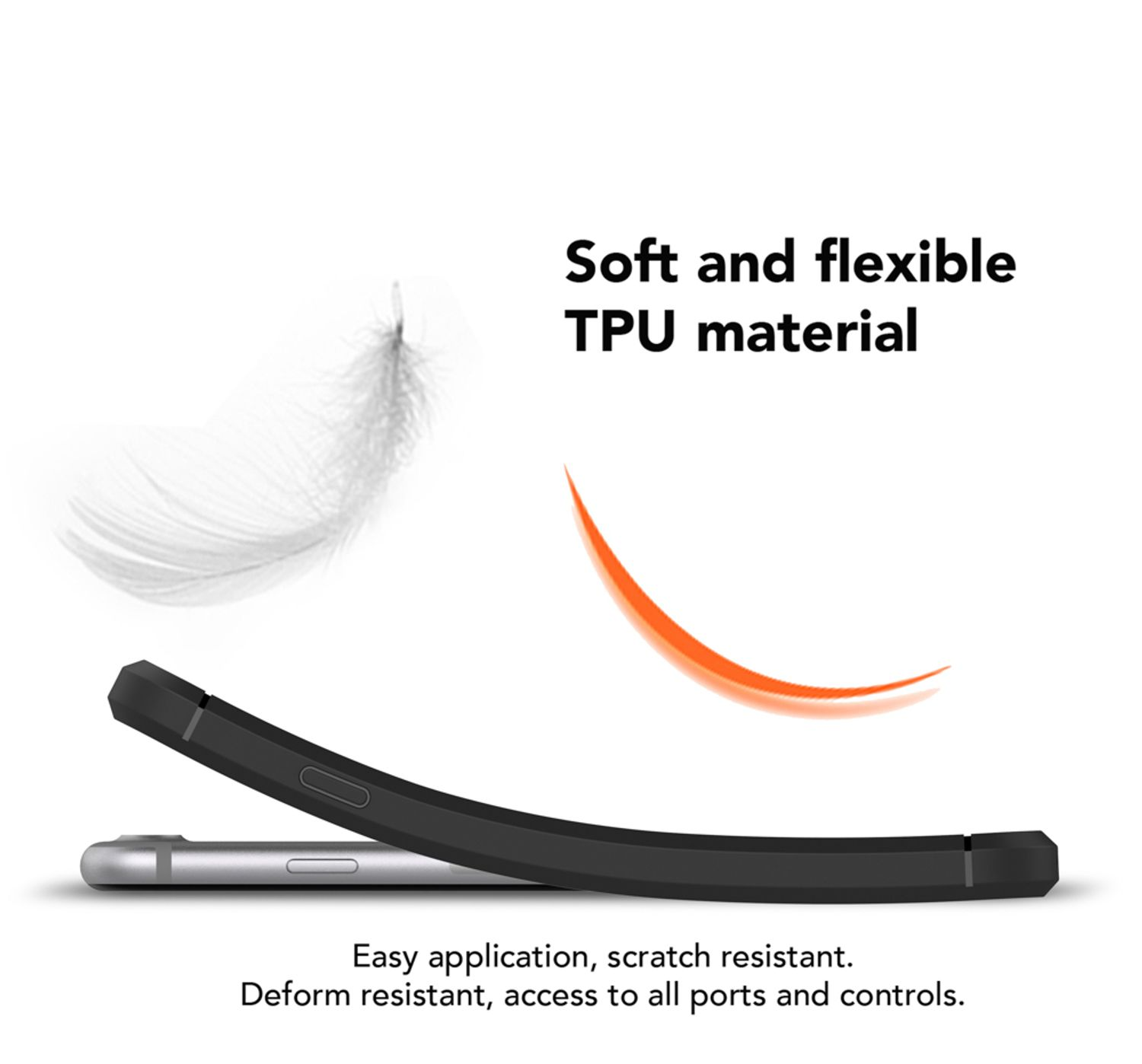 Custodia nera per telefono che si piega. Testo: Materiale TPU morbido e flessibile. Facile applicazione, antigraffio, accesso porte.