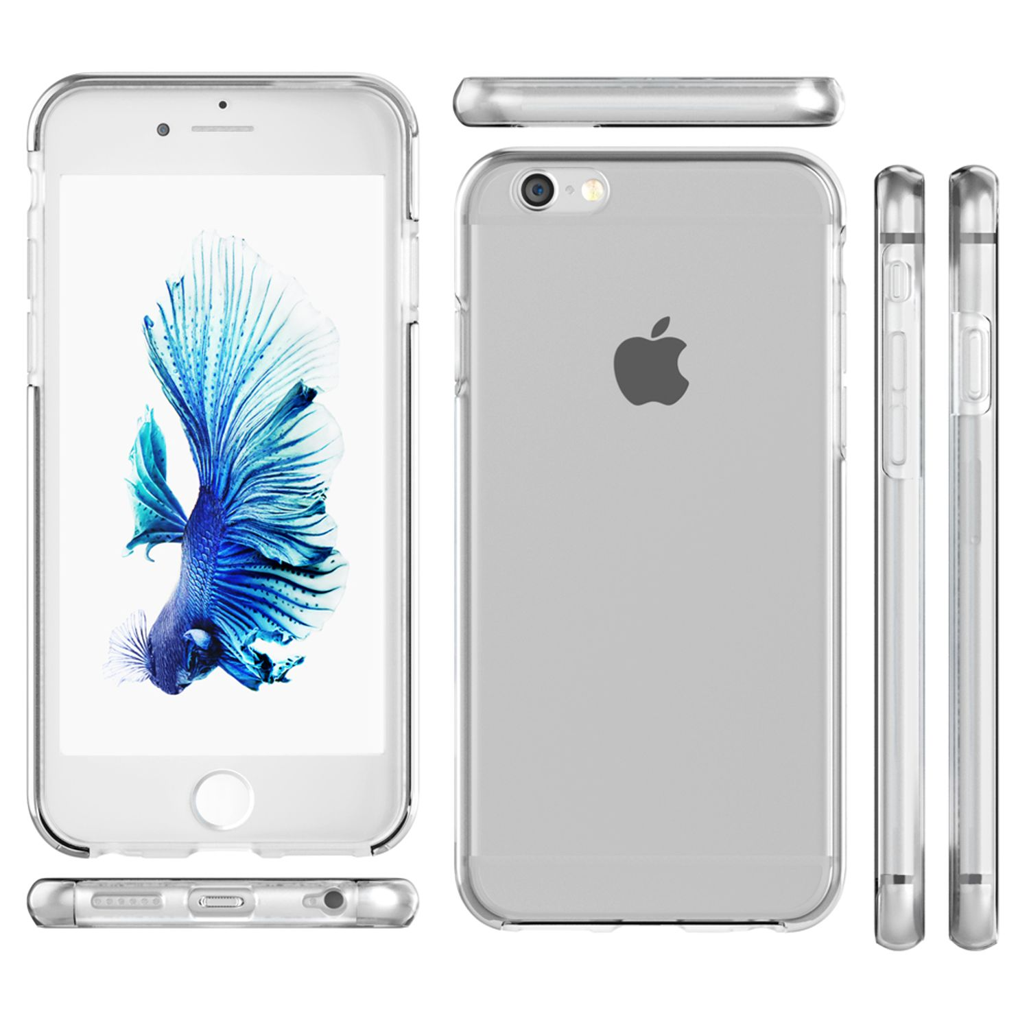 Transparente Handyhülle, Vorder-, Rück- und Seitenansicht. Telefon mit Fischbild auf dem Bildschirm.