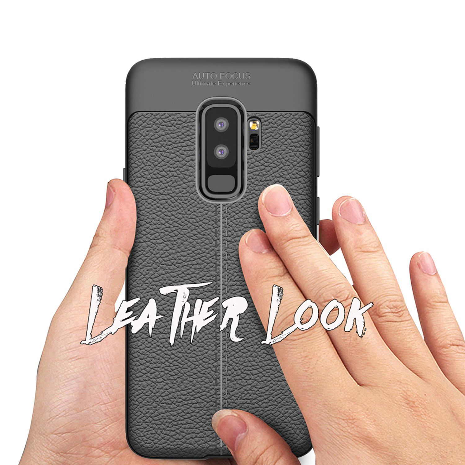 Hand, die eine graue Leder-Handyhülle mit dem Text 'Leather Look' hält.