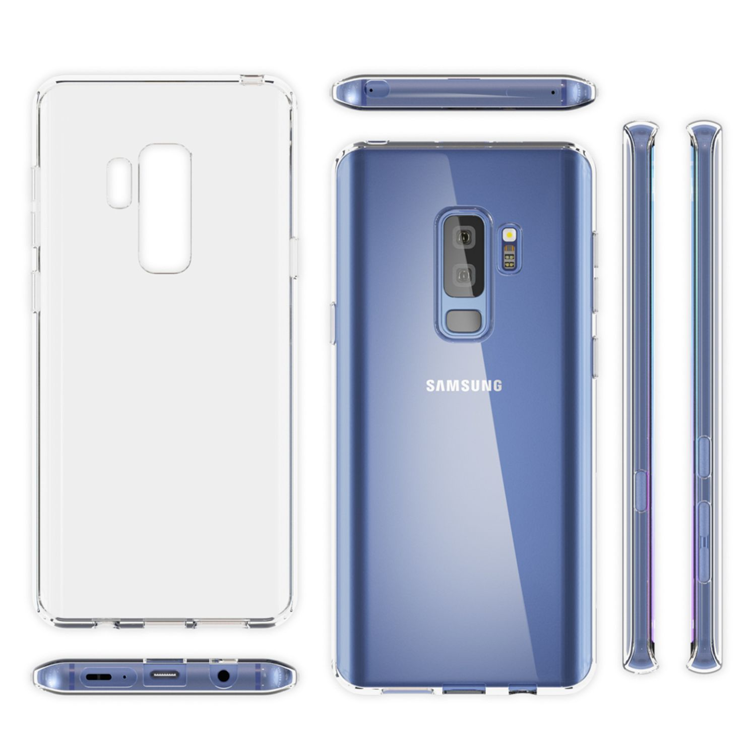 Verschiedene Ansichten einer transparenten Handyhülle auf einem blauen Telefon. Weißer Hintergrund.
