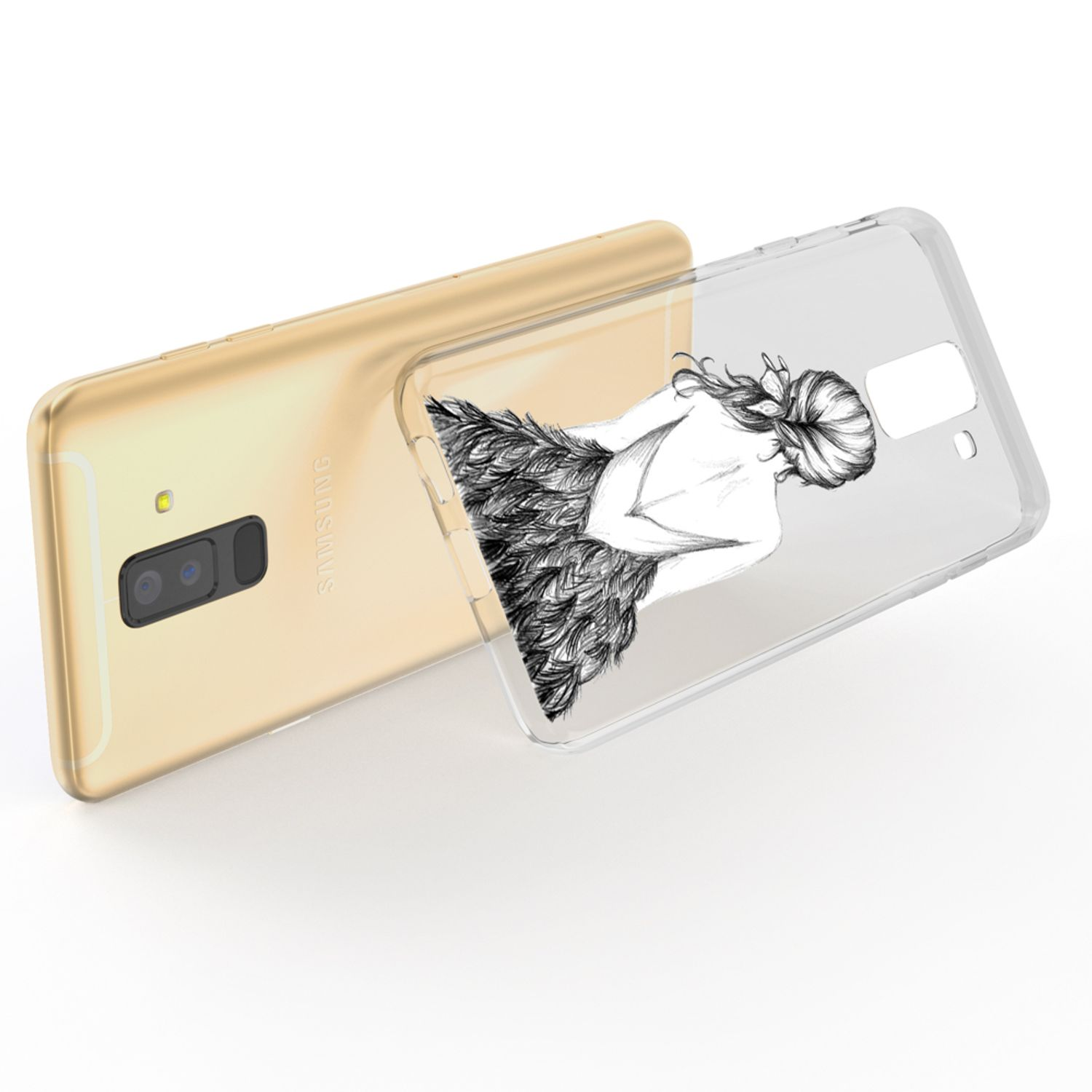 Goldenes Telefon mit einer durchsichtigen Hülle, die eine Zeichnung zeigt. Die Handyhülle hat eine Zeichnung einer Frau.