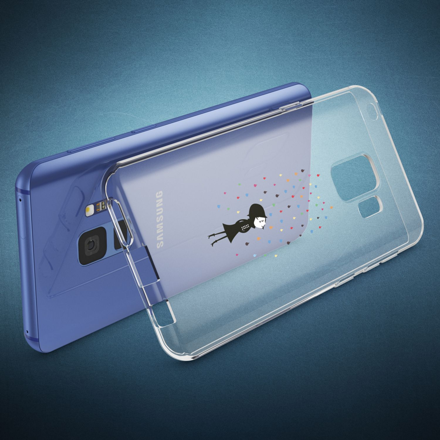 Blaues Telefon mit durchsichtiger Hülle. Die Hülle hat eine Zeichnung einer Person und bunte Herzen.