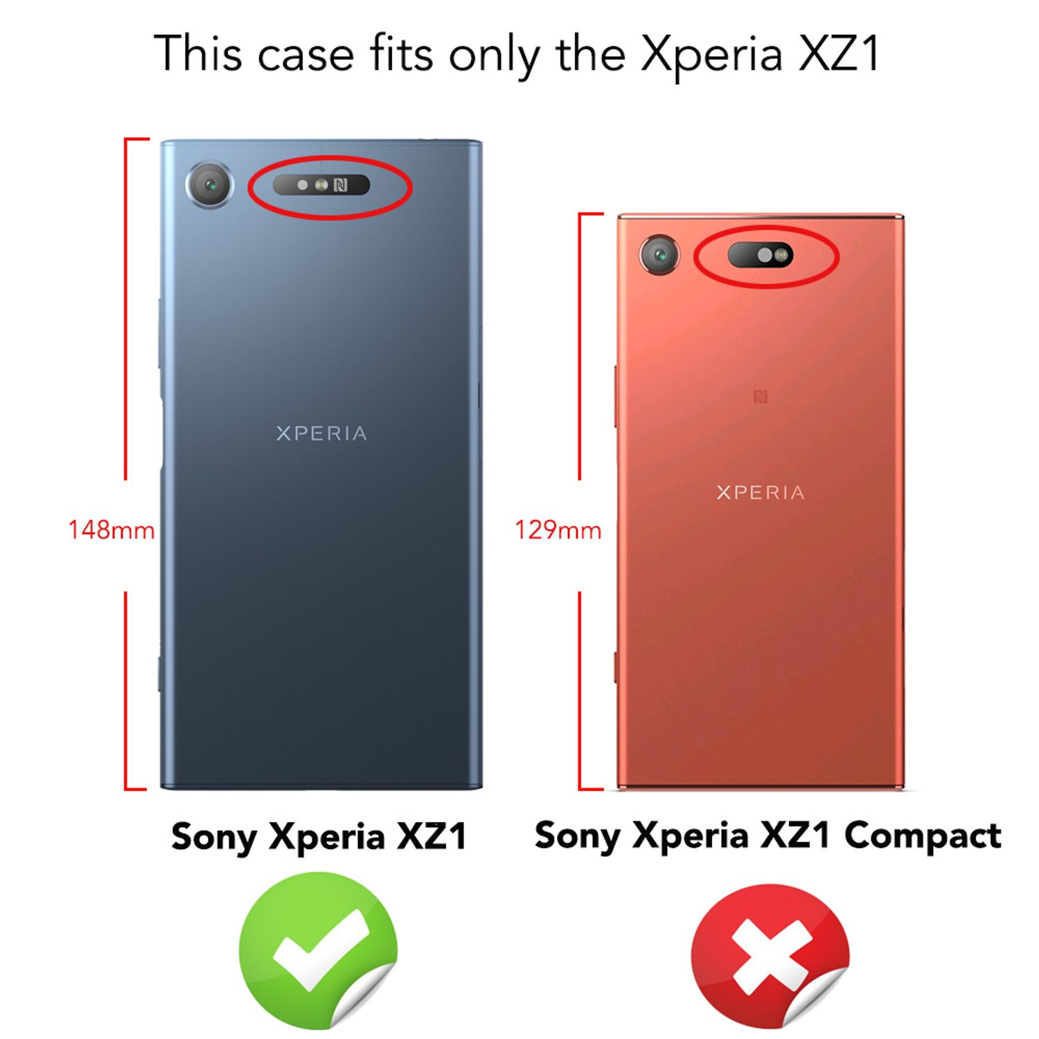 Zwei Telefone, eines blau, eines rot, mit Text, der Abmessungen zeigt. Text: Nur für Xperia XZ1.