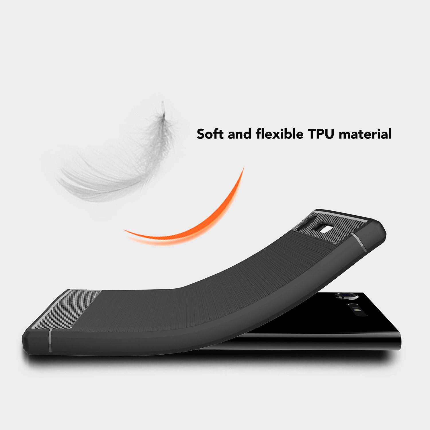 Flexibles Telefoncase biegt sich. Schwarzes Case mit strukturierter Rückseite, über einem Telefon.
