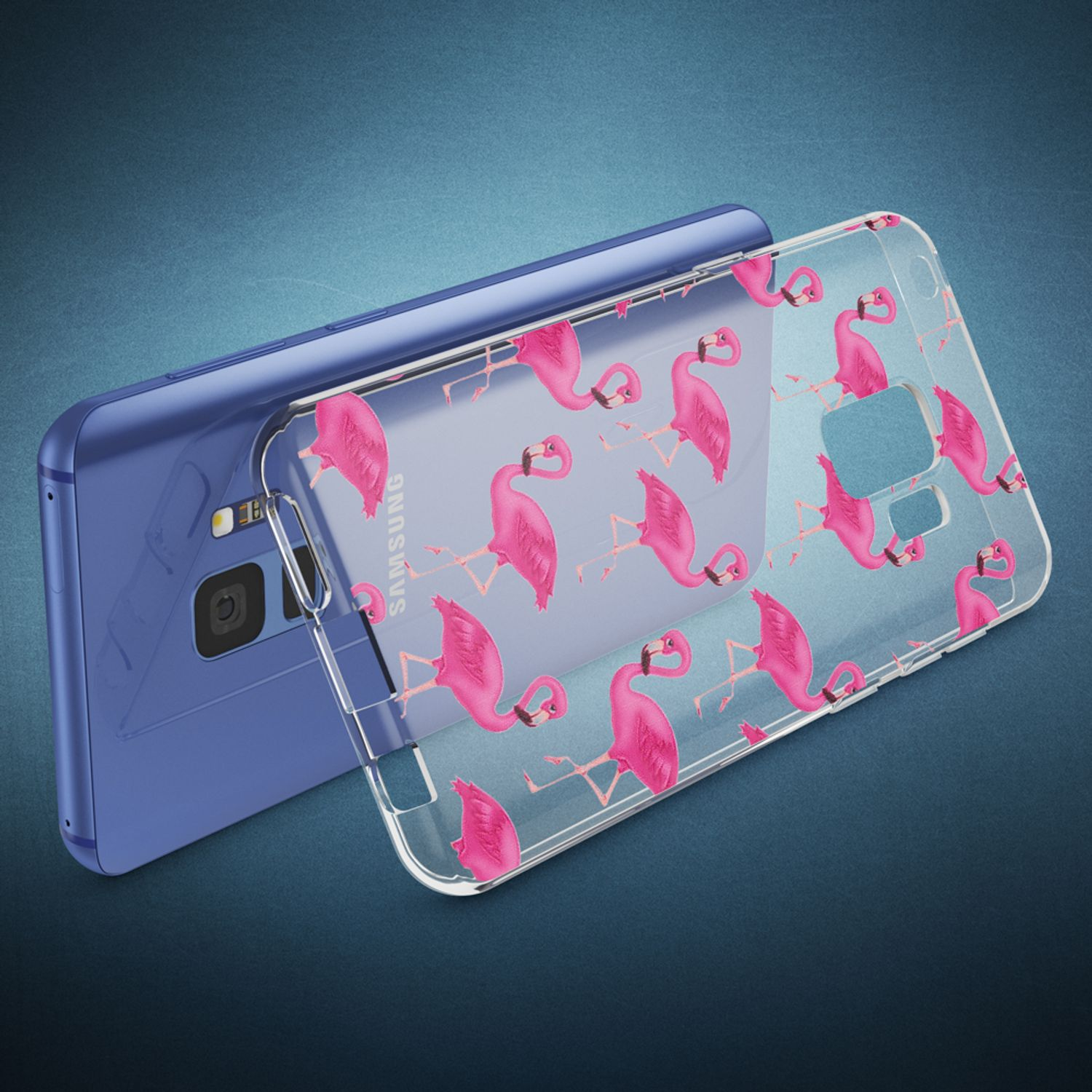 Blaues Telefon mit durchsichtiger Hülle. Hülle mit rosa Flamingomuster, bedeckt das Telefon.