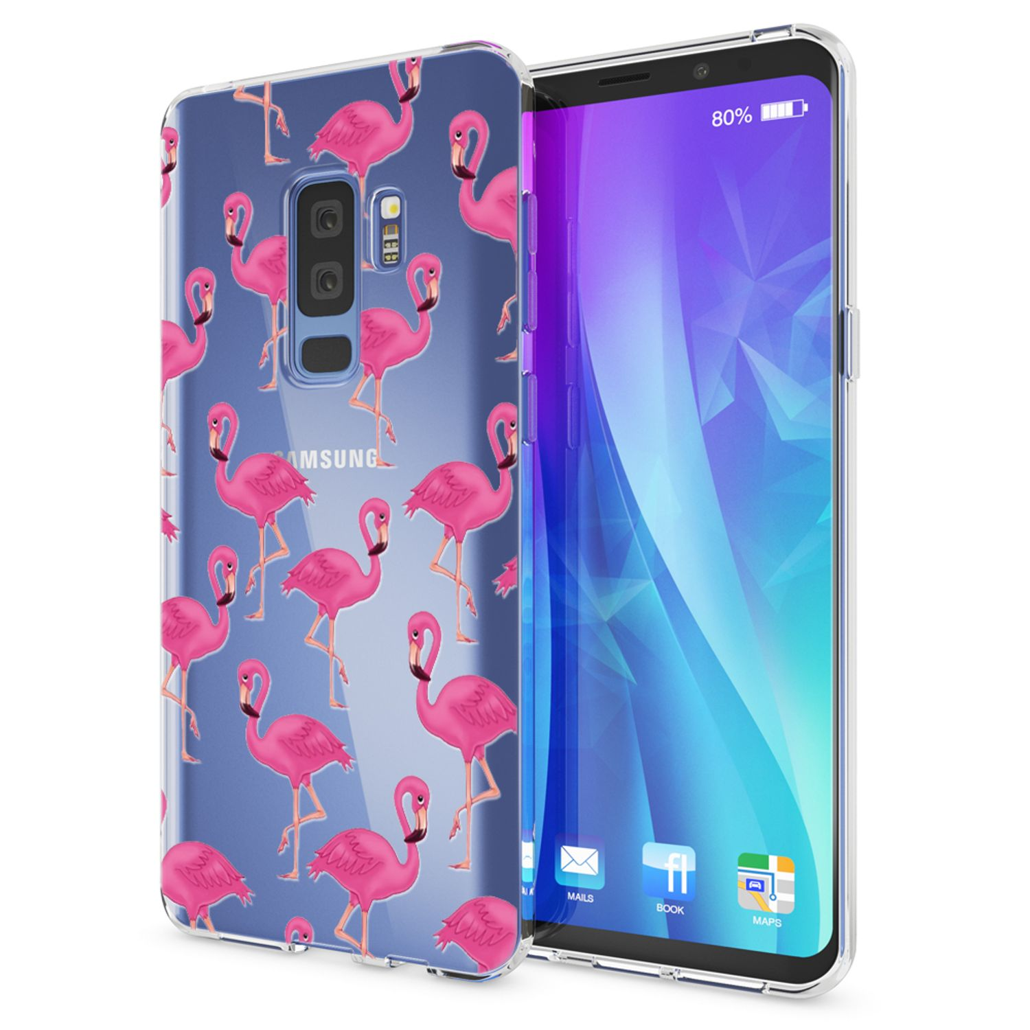 Handyhülle mit Flamingomuster auf einem Telefon, das einen lila-blauen Farbverlauf-Bildschirm zeigt.