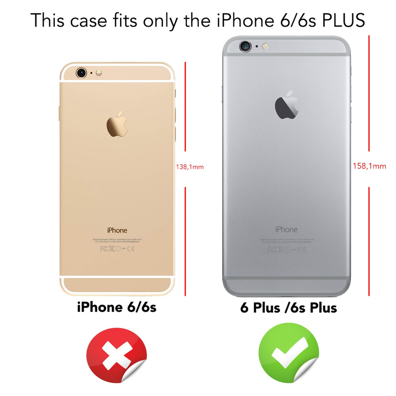 Vergleich von iPhone 6/6s und 6 Plus/6s Plus, mit Abmessungen und einem Häkchen für letzteres.
