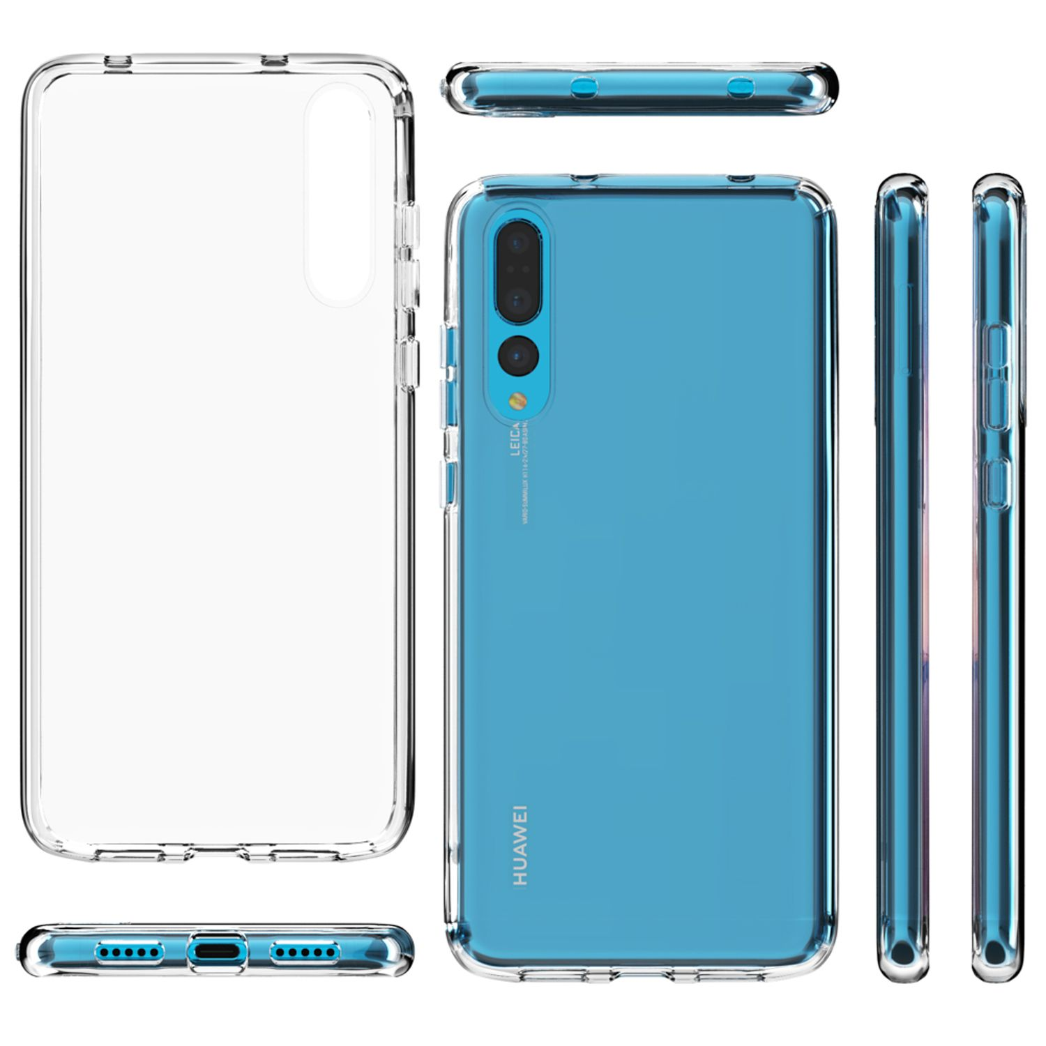 Transparente Handyhülle. Ein Telefon ist darin. Mehrere Ansichten der Hülle. Weißer Hintergrund.