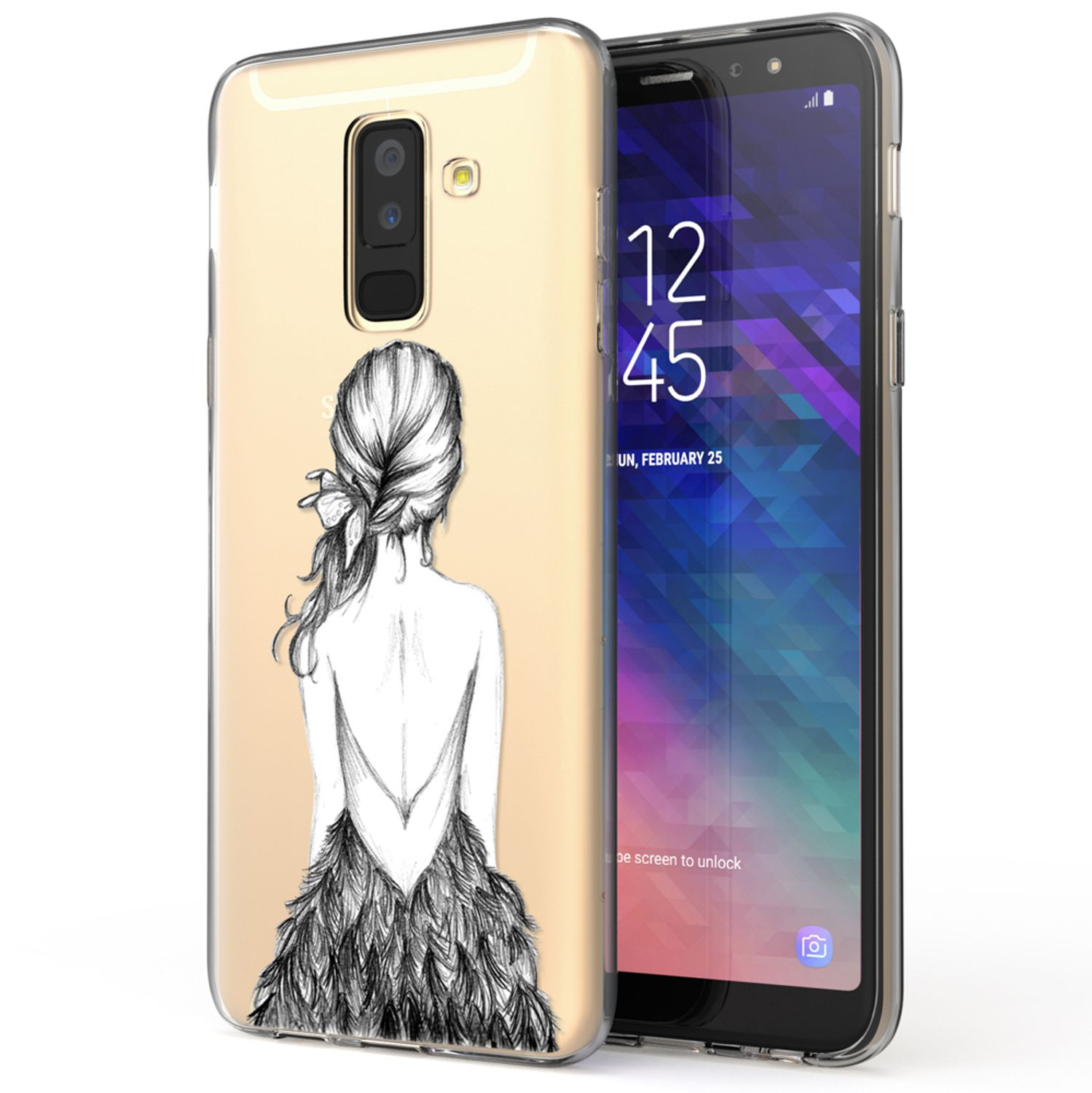 Handyhülle mit einer Zeichnung einer Frau. Die Hülle ist auf einem Telefon. Der Hintergrund ist hell.