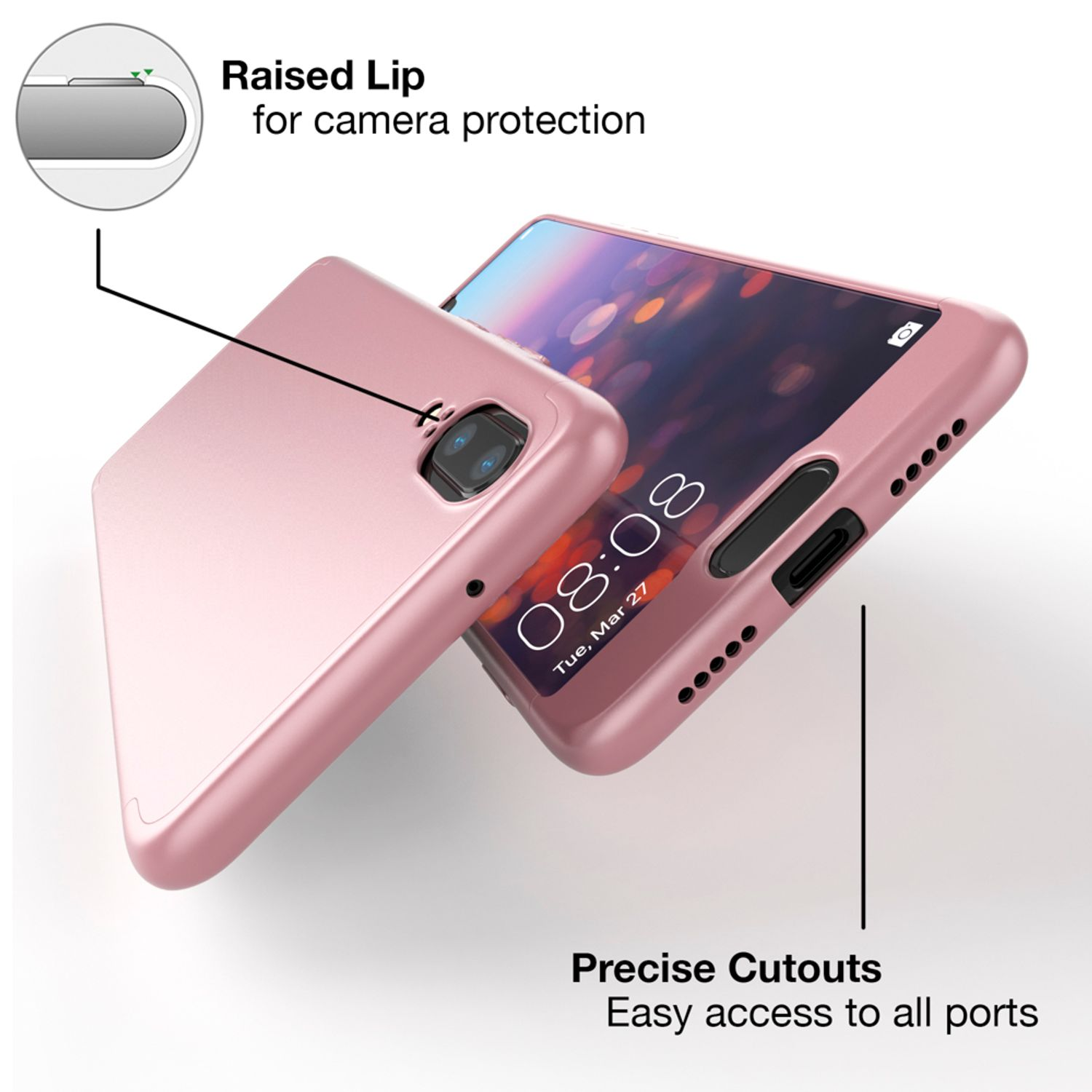 Roségoldenes Telefon mit teilweise angebrachter Handyhülle.