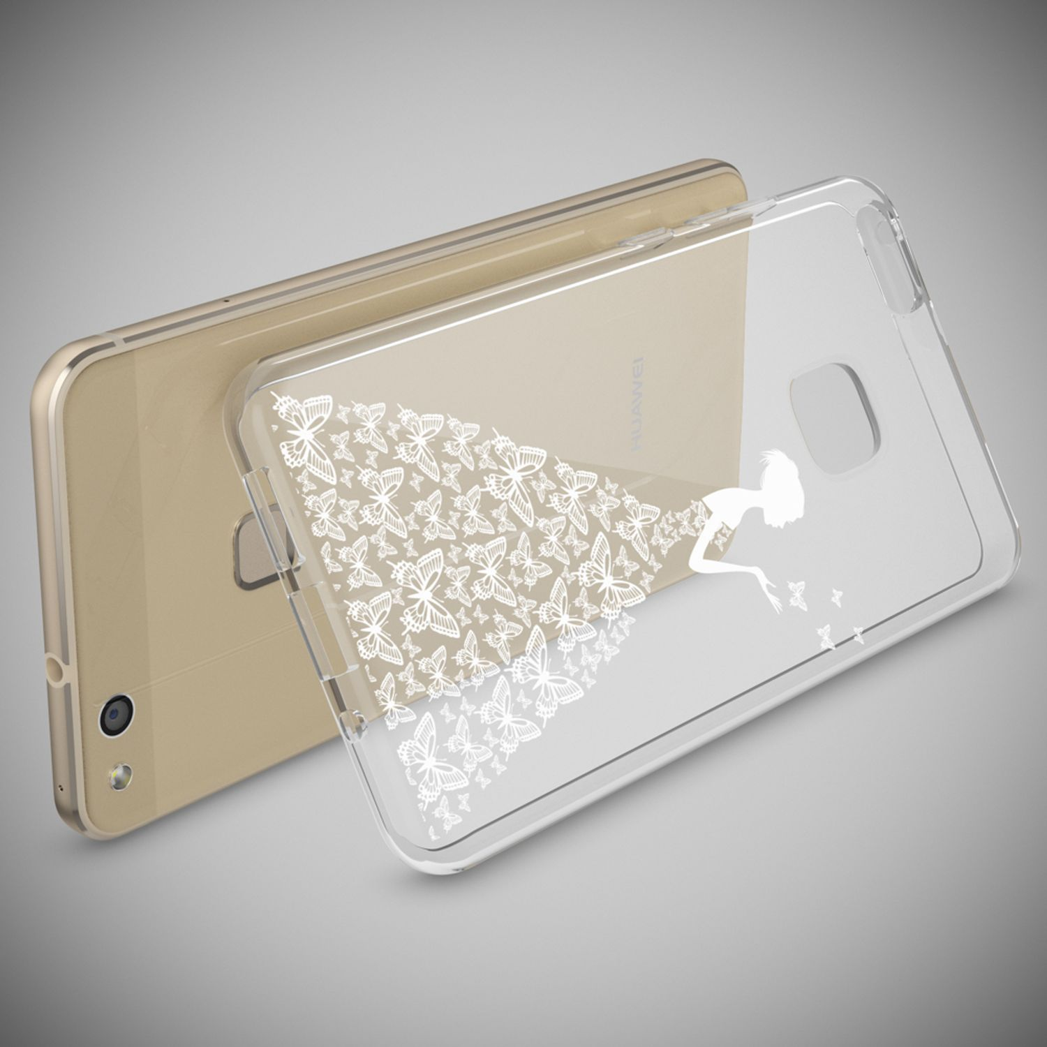 Goldenes Telefon und transparente Hülle. Hülle hat Schmetterlingsdesign.