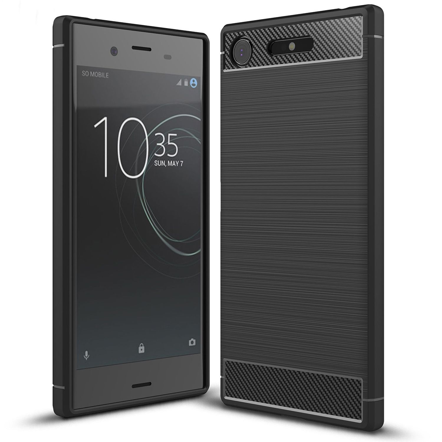Schwarzes Smartphone mit Karbonfaser-Design auf der Rückseite. Der Bildschirm ist an.