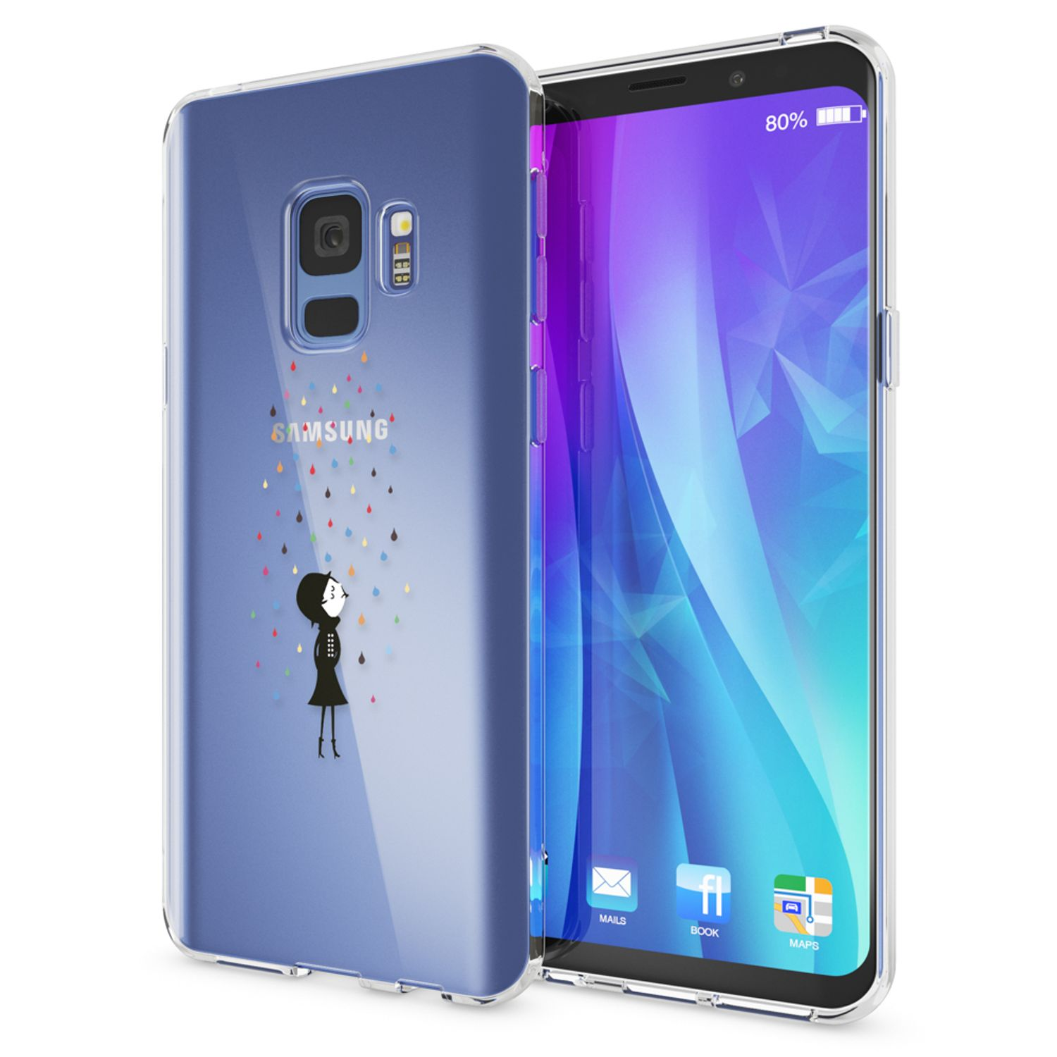 Transparente Handyhülle mit Mädchen unter Regenbogen. Samsung Telefon darin. Weißer Hintergrund, Telefon schräg.