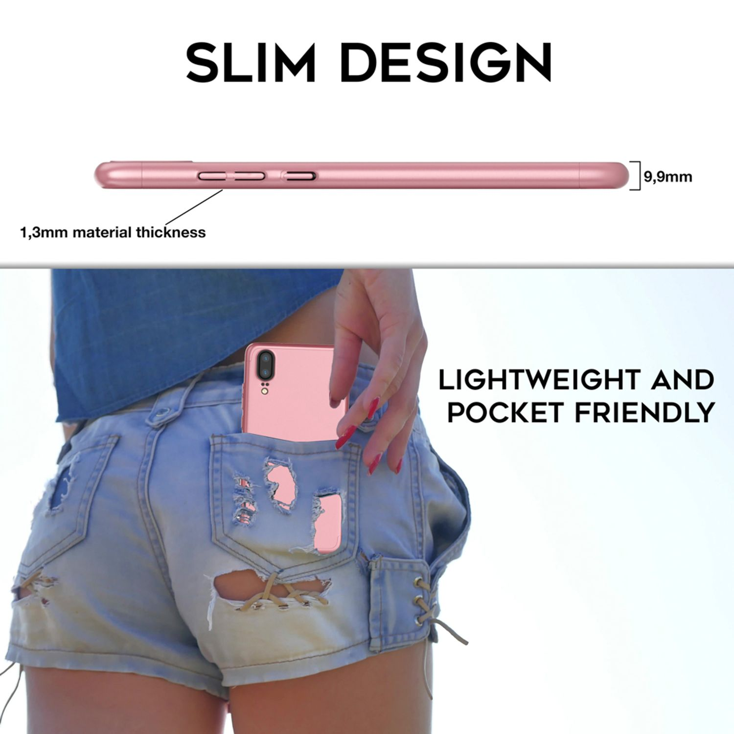Ein pinkes Telefon in einer Tasche, mit schlankem Design und der Dickemessung angezeigt.
