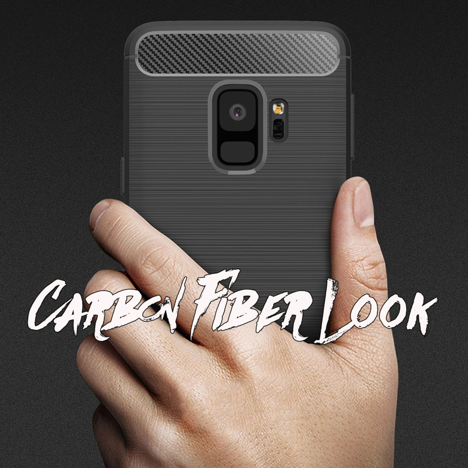 Schwarze Handyhülle mit Carbonfaser-Optik auf dunklem Hintergrund mit dem Text 'Carbon Fiber Look'.