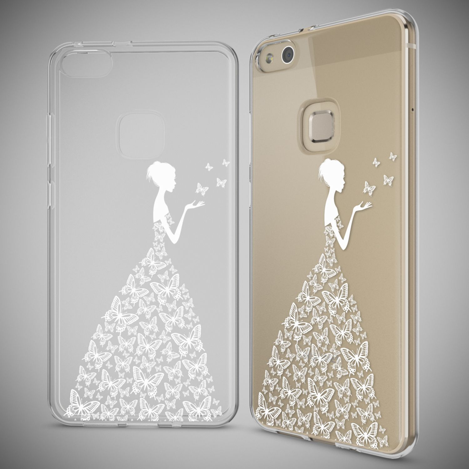 Zwei Handyhüllen mit Schmetterlingsmotiven und einer Damen-Silhouette. Eine ist klar, eine goldfarben.